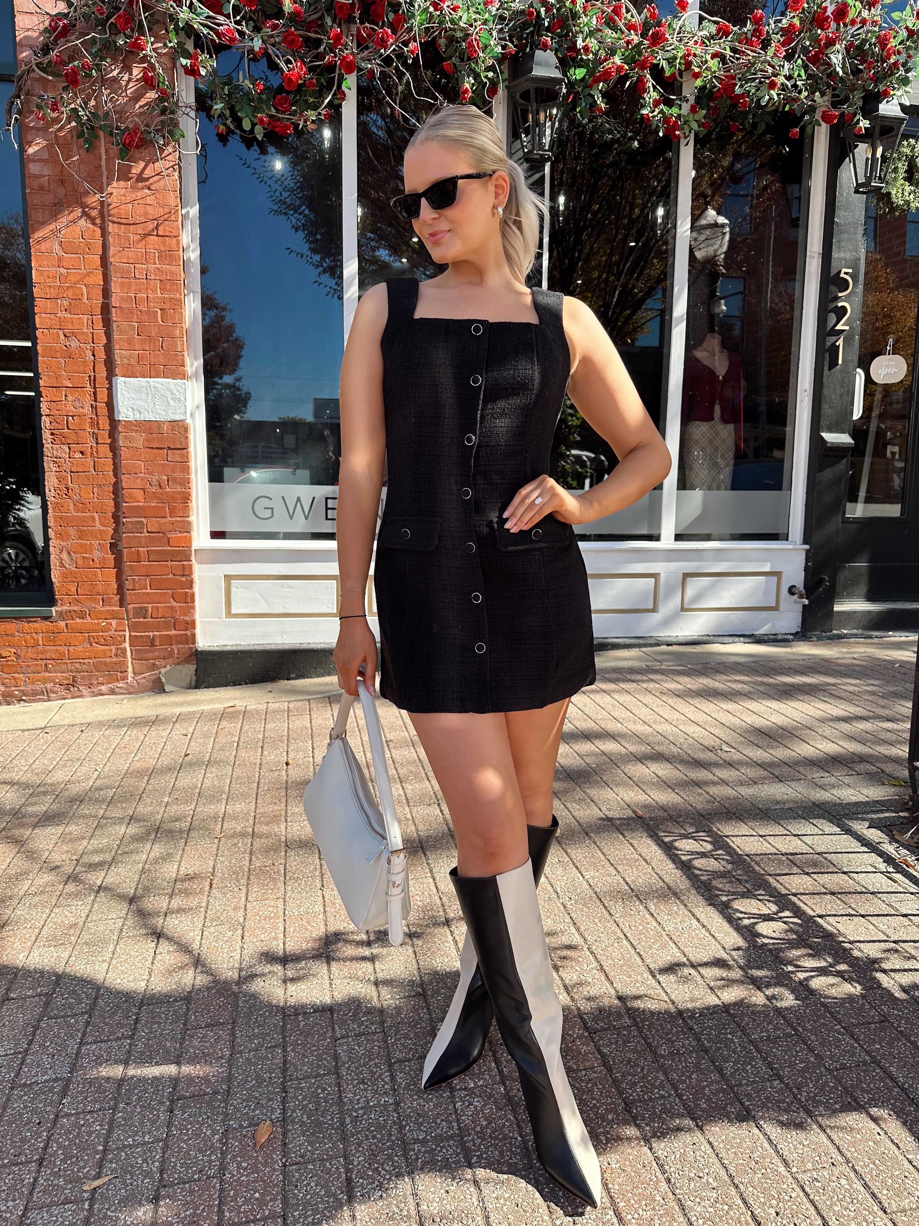 Kleo Black Bouclé Button Down Mini Dress