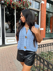 Drew Chunky Blue Knit Sweater Button Up