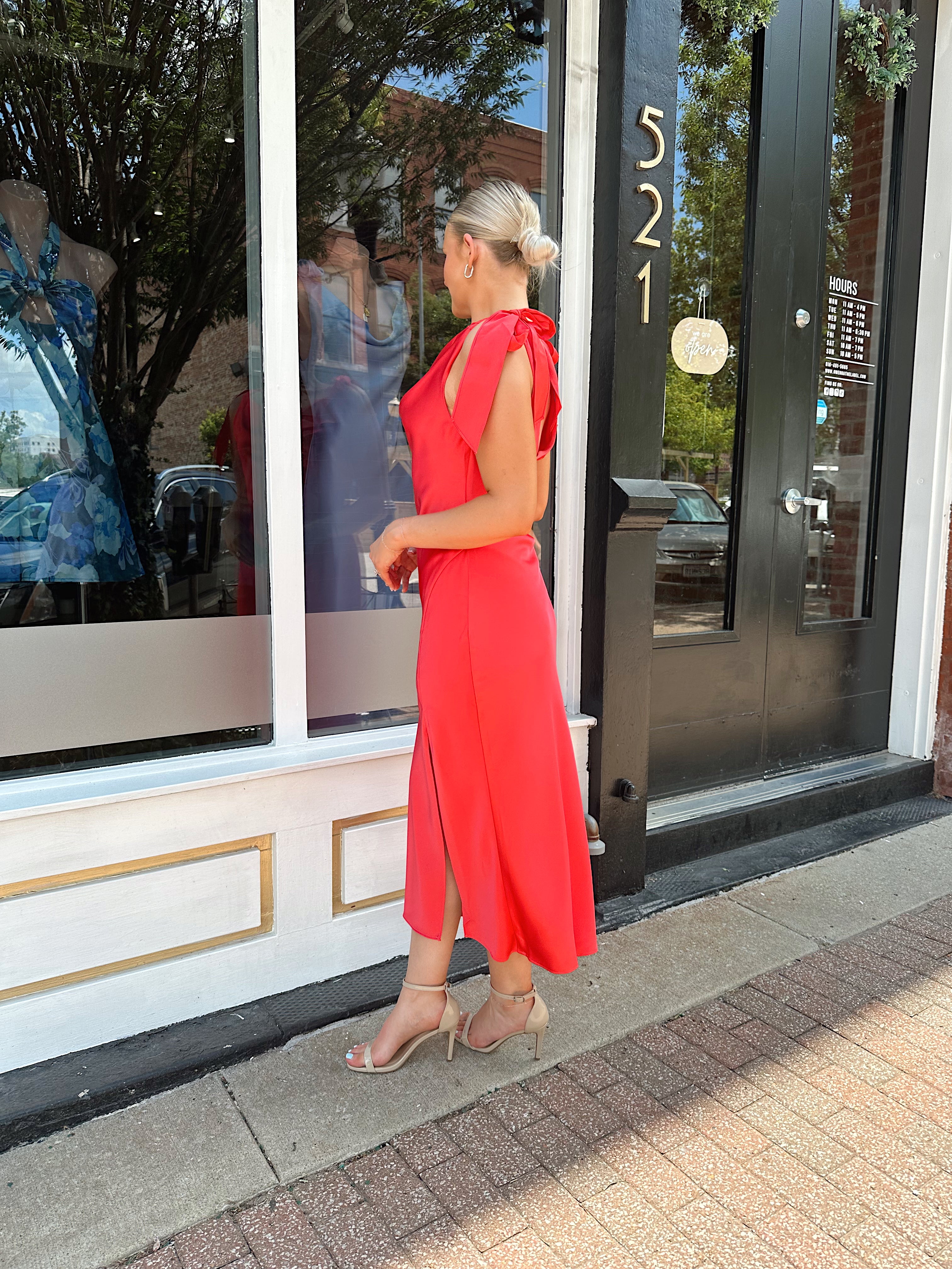 Cara Coral Satin Cowl Neck Midi Dress