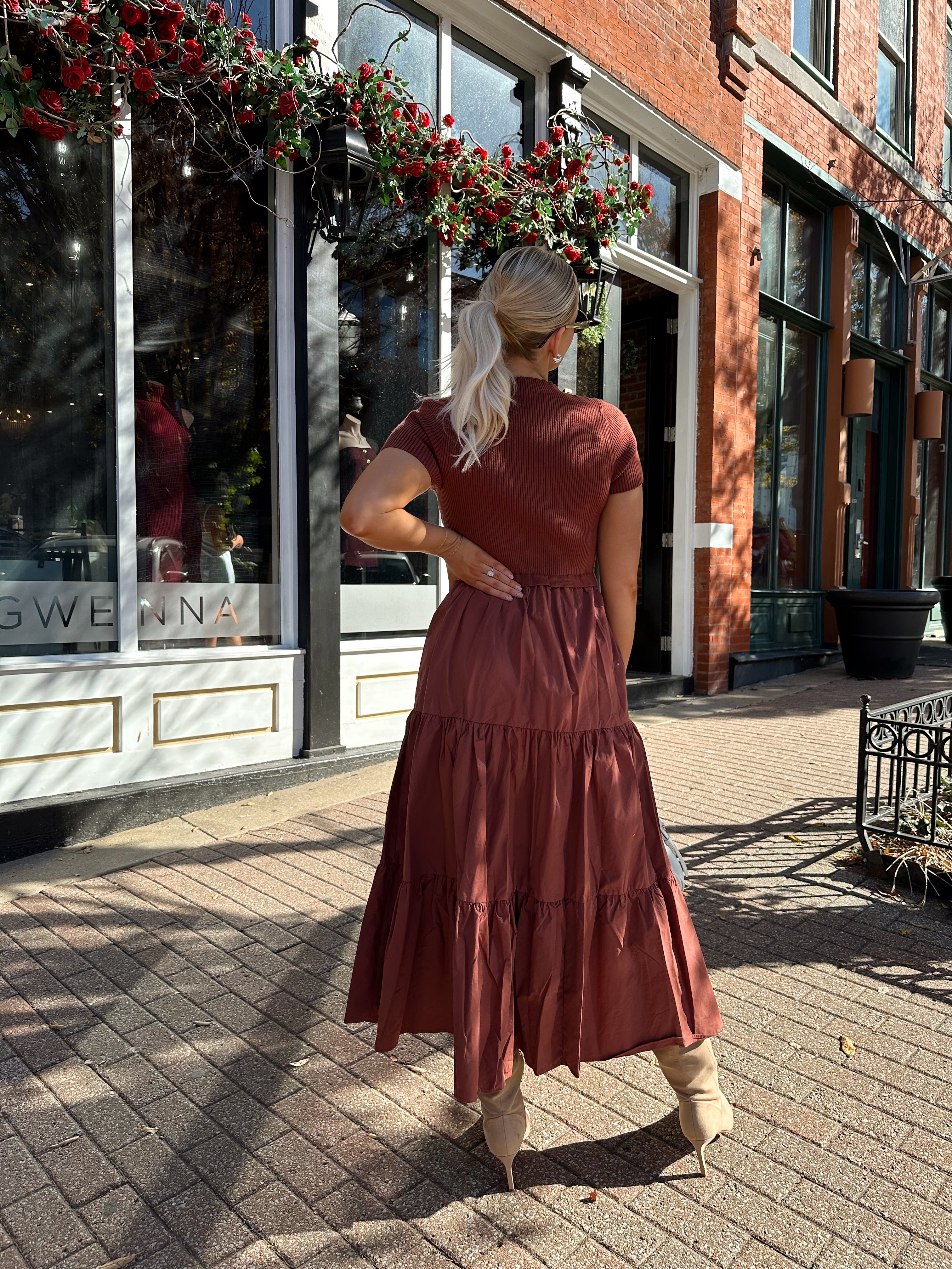 Clementine Rust Mock Neck Midi Dress