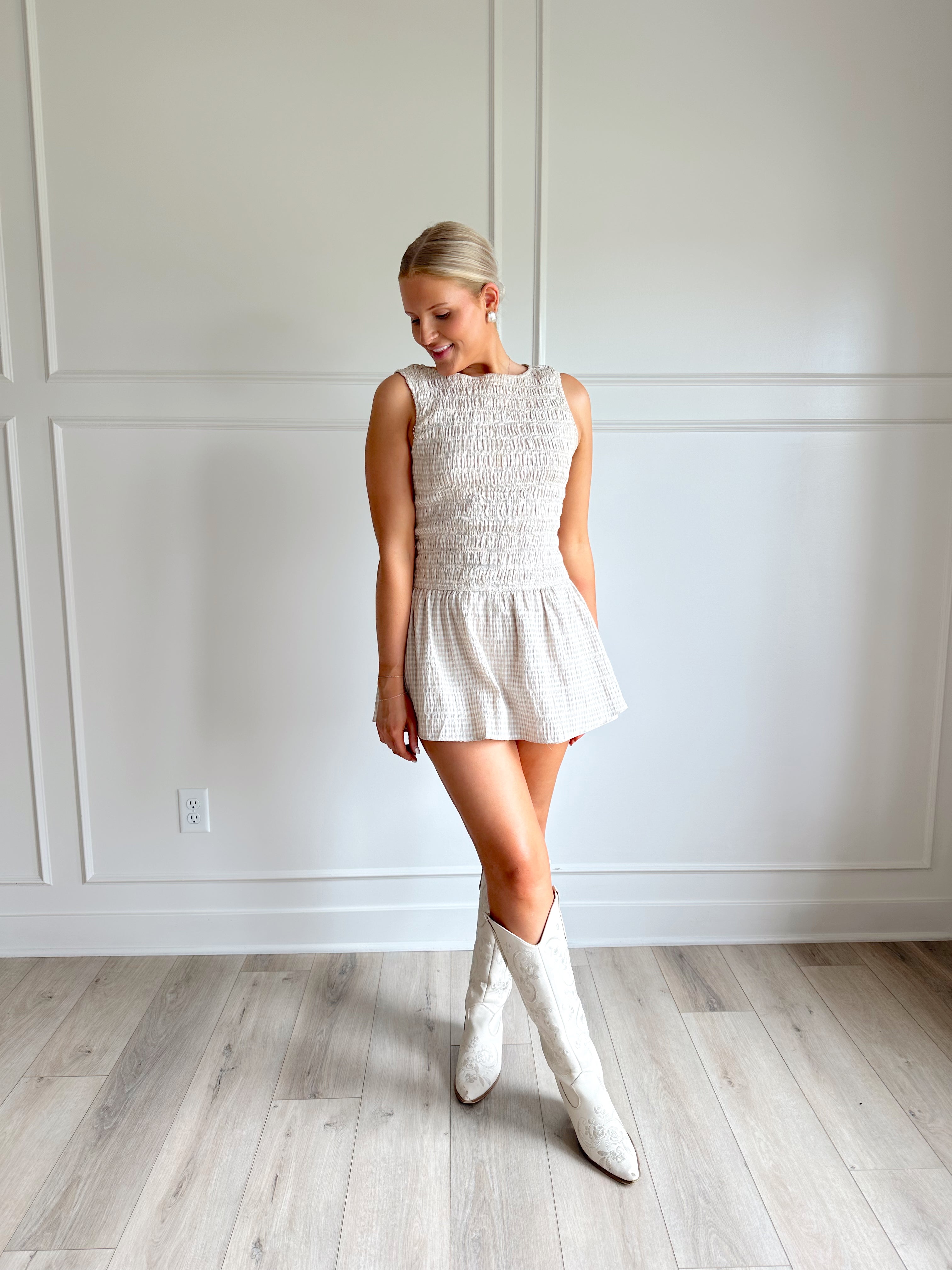 Esme Taupe Gingham Smocked Romper
