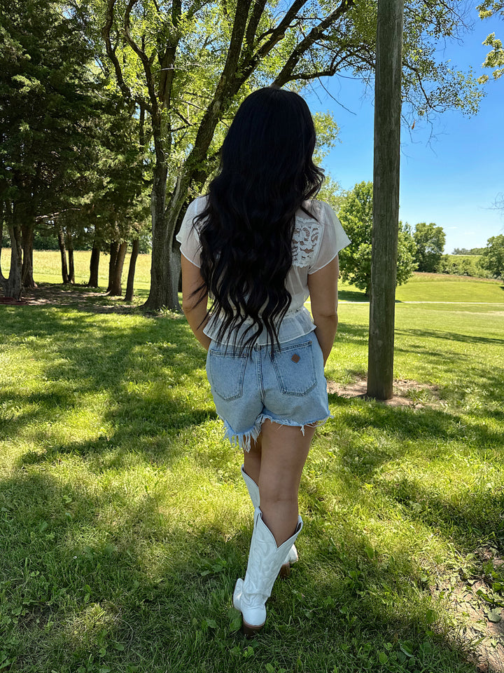 Layla White Crinkle Chiffon Lace Top