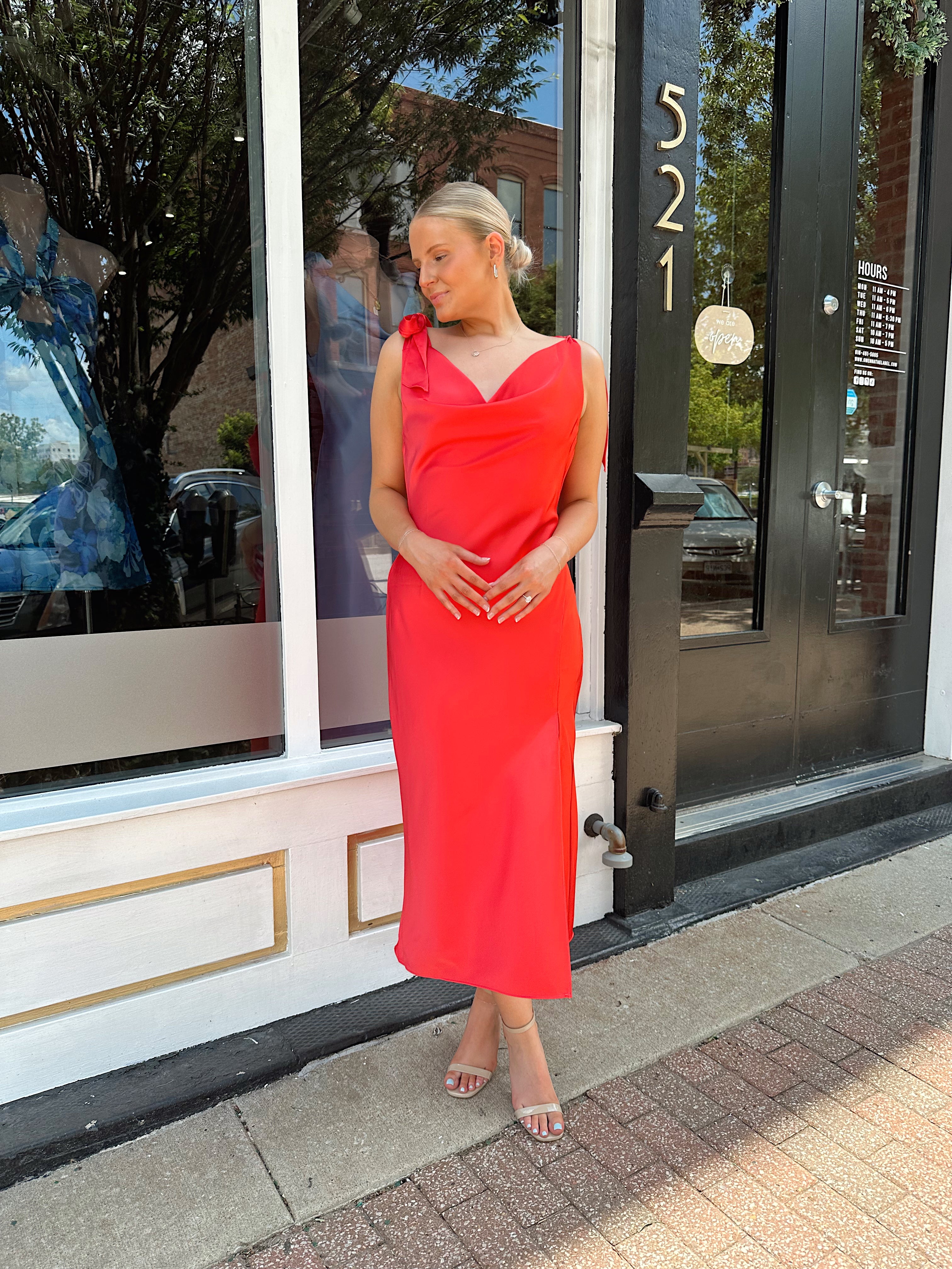 Cara Coral Satin Cowl Neck Midi Dress