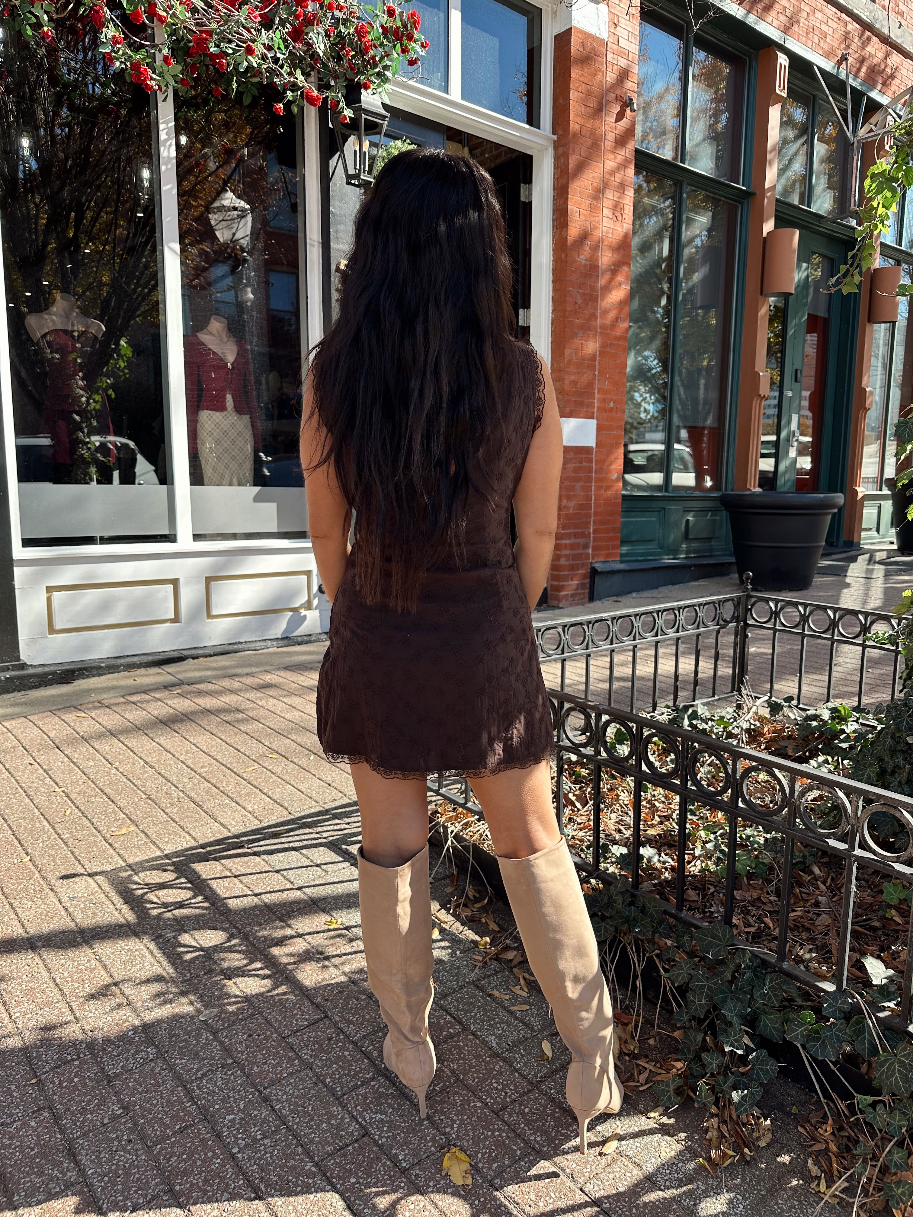 Rhea Brown Eyelet Lace Mini Dress