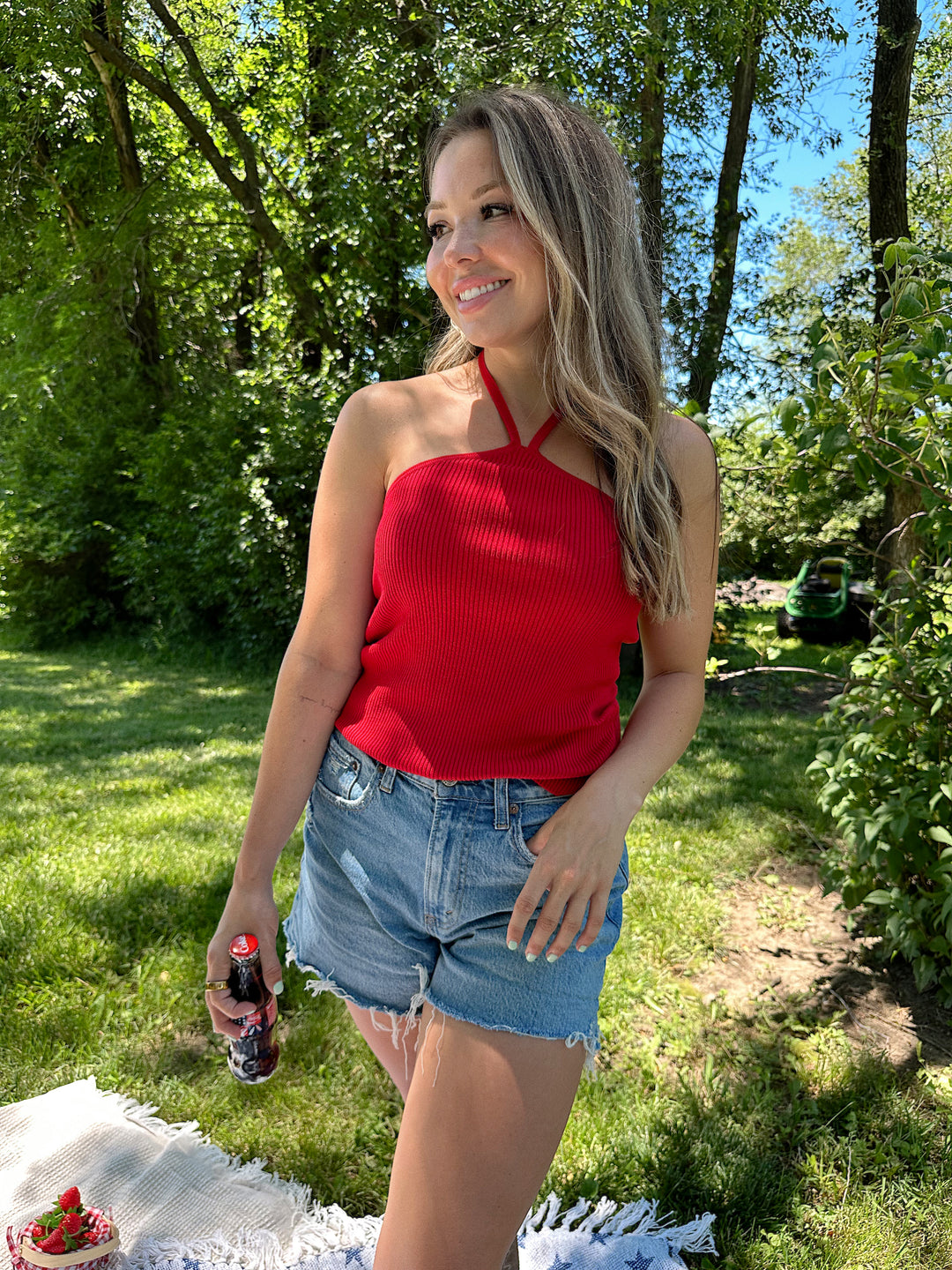 Hailey Red Halter Neck Ribbed Top