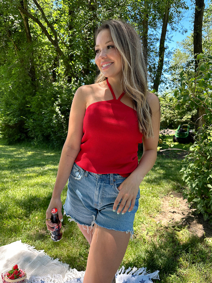 Hailey Red Halter Neck Ribbed Top