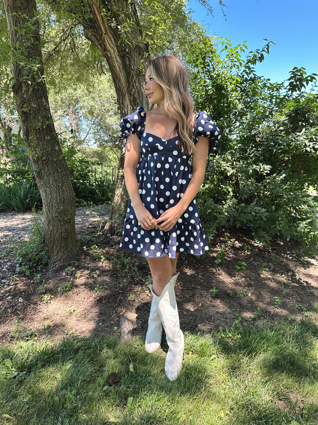 Rachel Navy Polka Dot Puff Sleeve Mini Dress