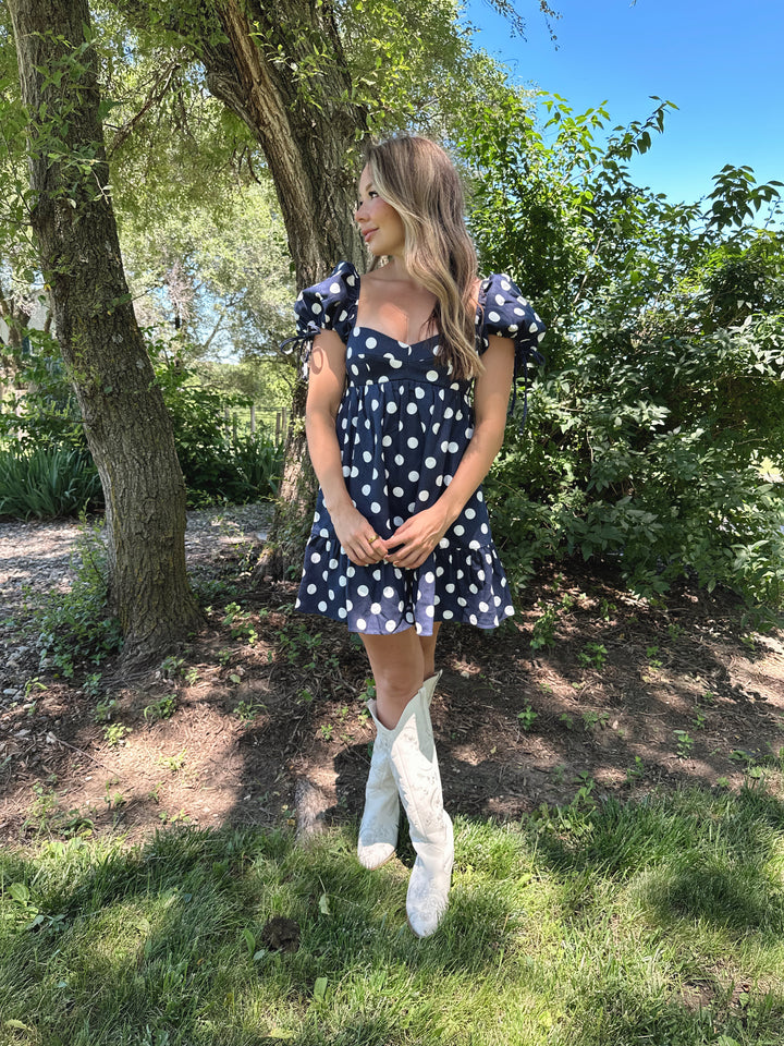 Rachel Navy Polka Dot Puff Sleeve Mini Dress