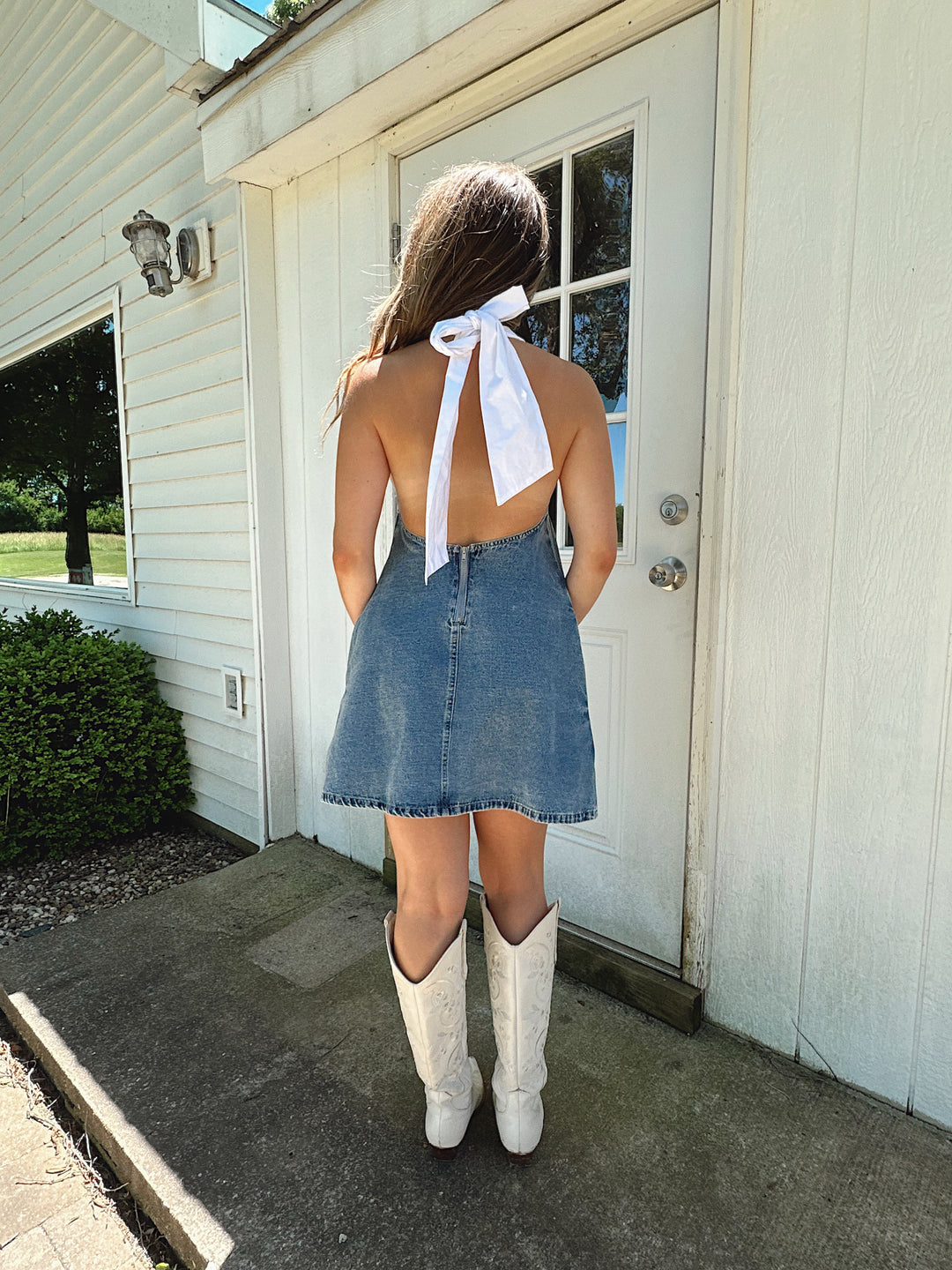 Medium Wash Denim Halter Mini Dress