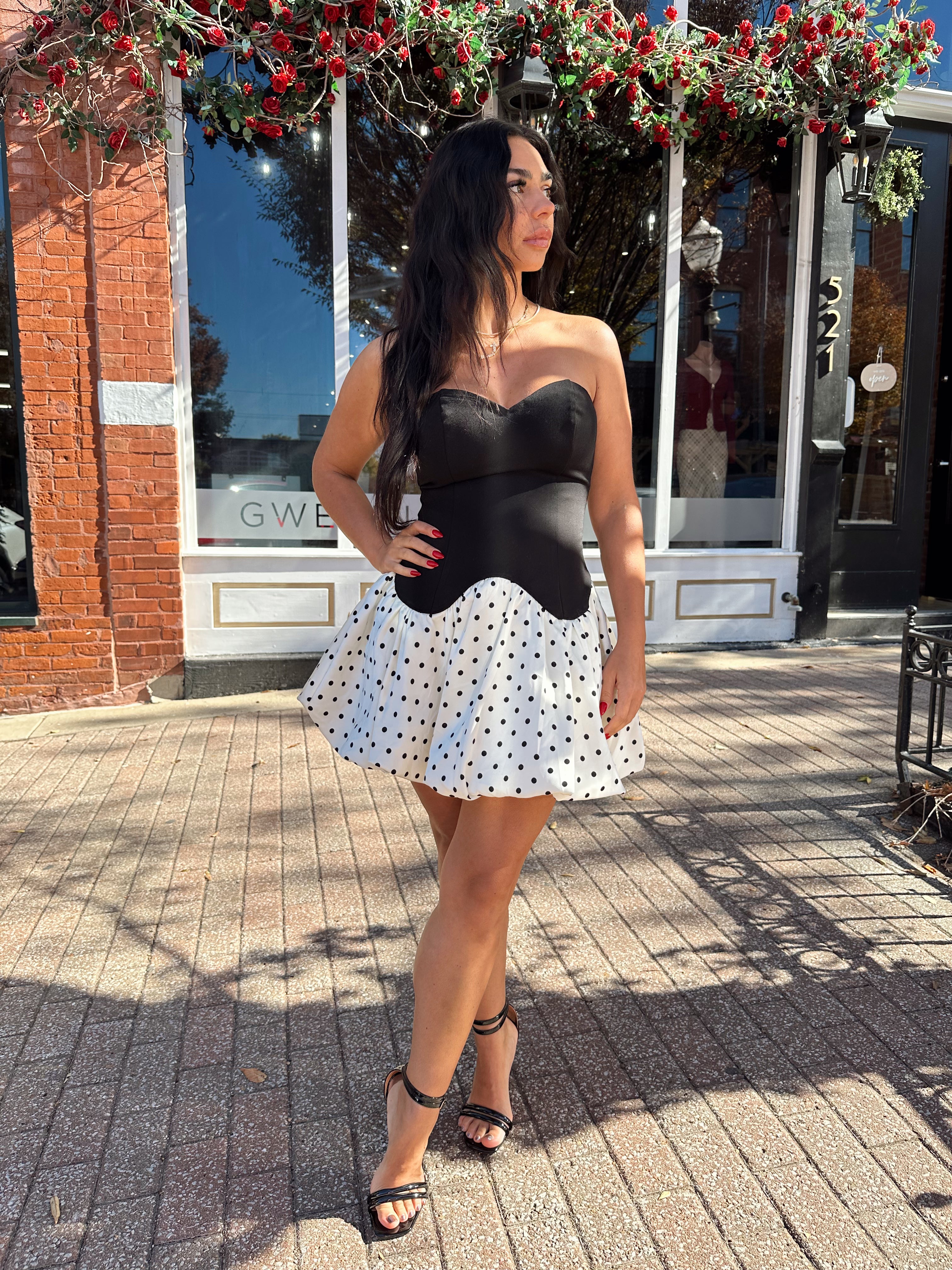 Kala Black and White Polka Dot Bubble Hem Mini Dress