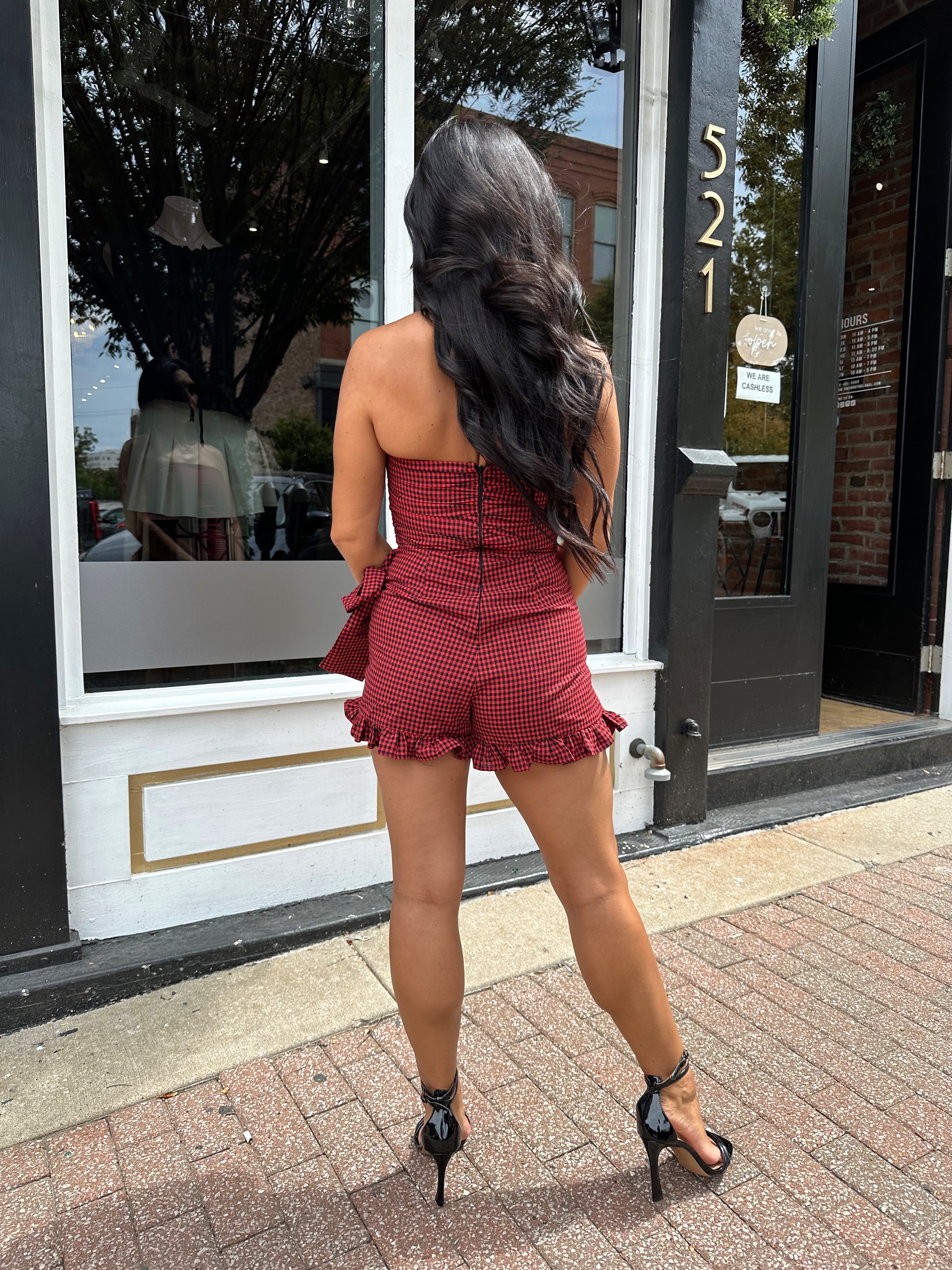 Camille Red Gingham Strapless Romper