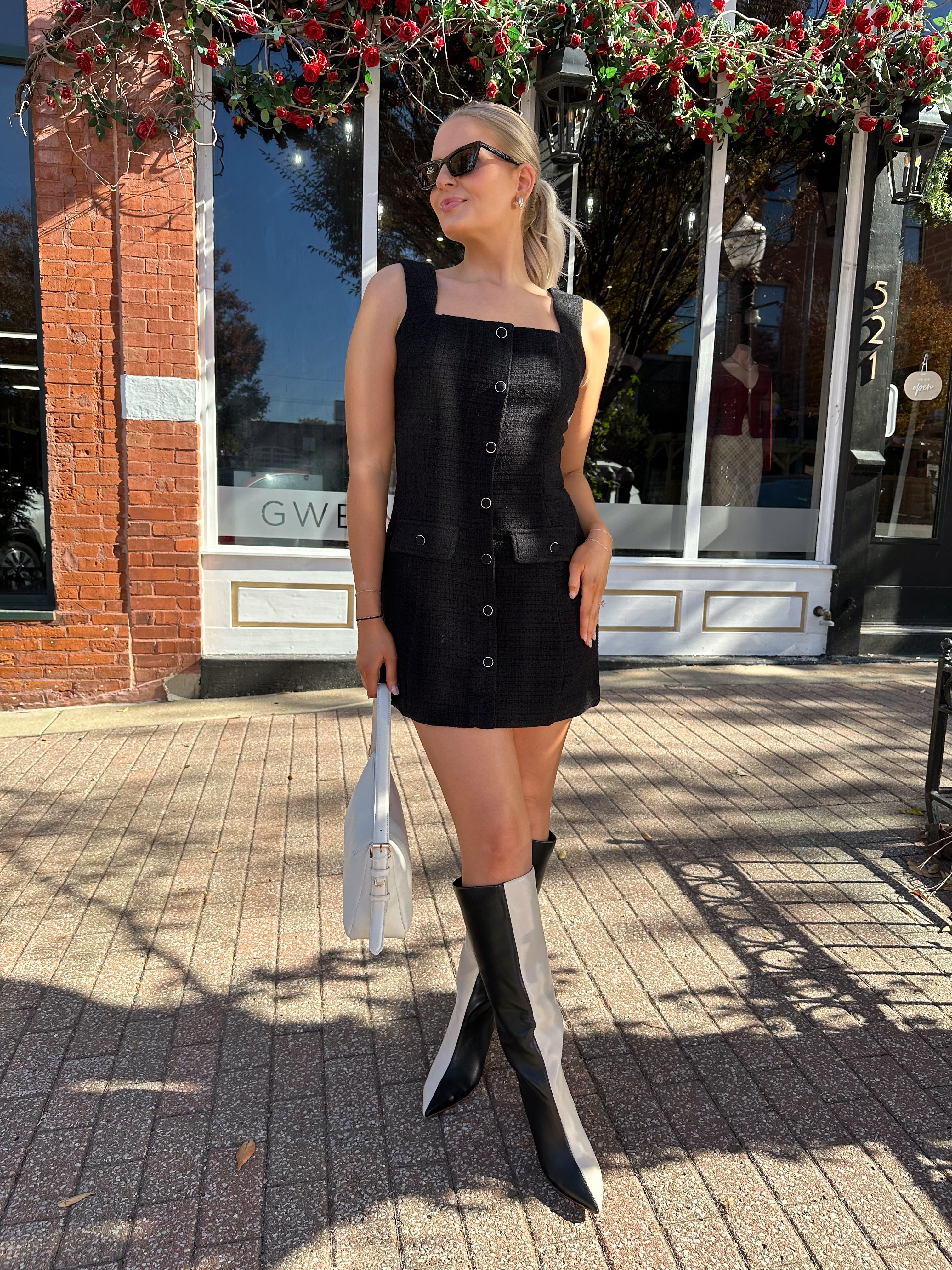 Kleo Black Bouclé Button Down Mini Dress