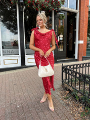 Kyla Red Cowl Neck Polka Dot Midi Dress
