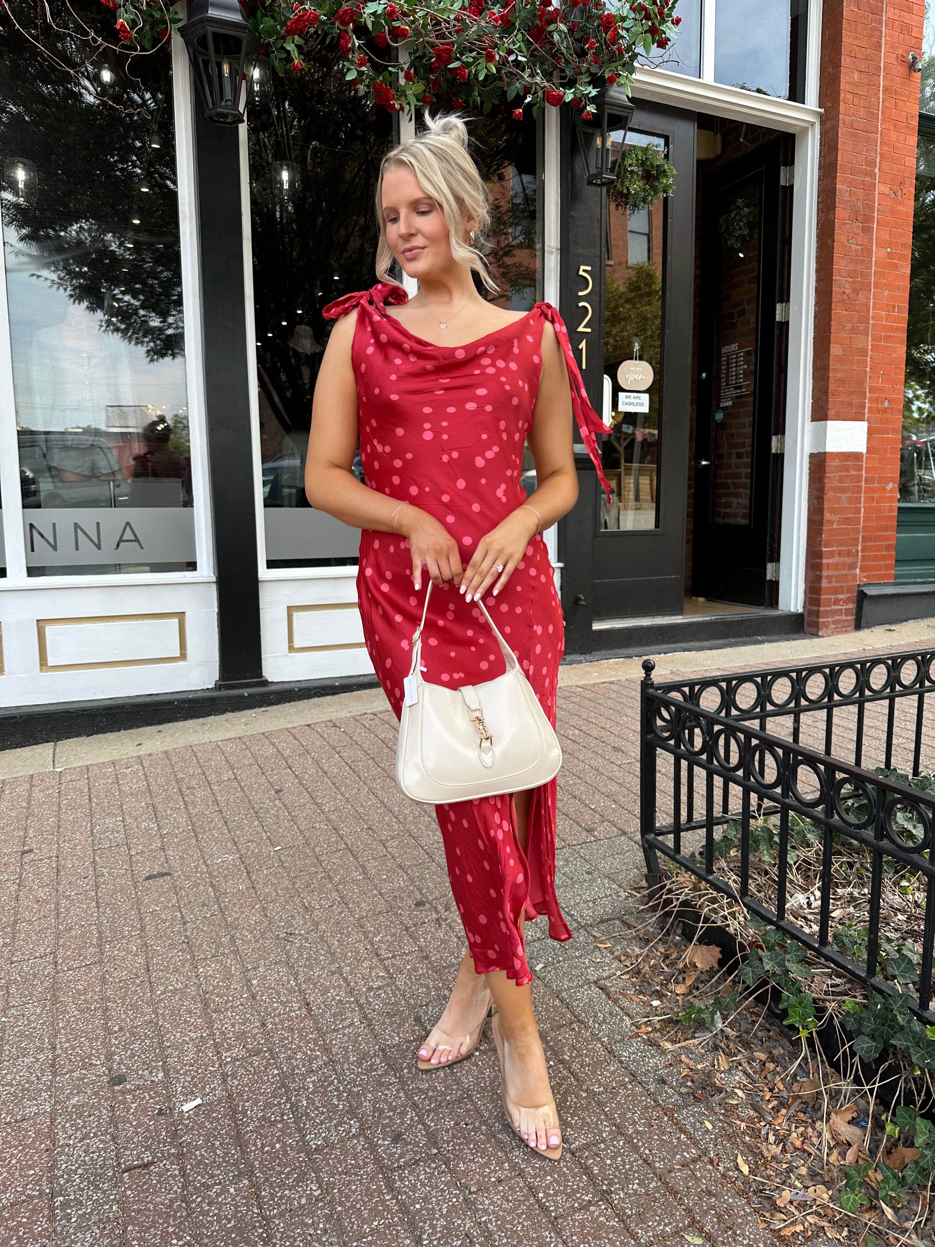 Kyla Red Cowl Neck Polka Dot Midi Dress