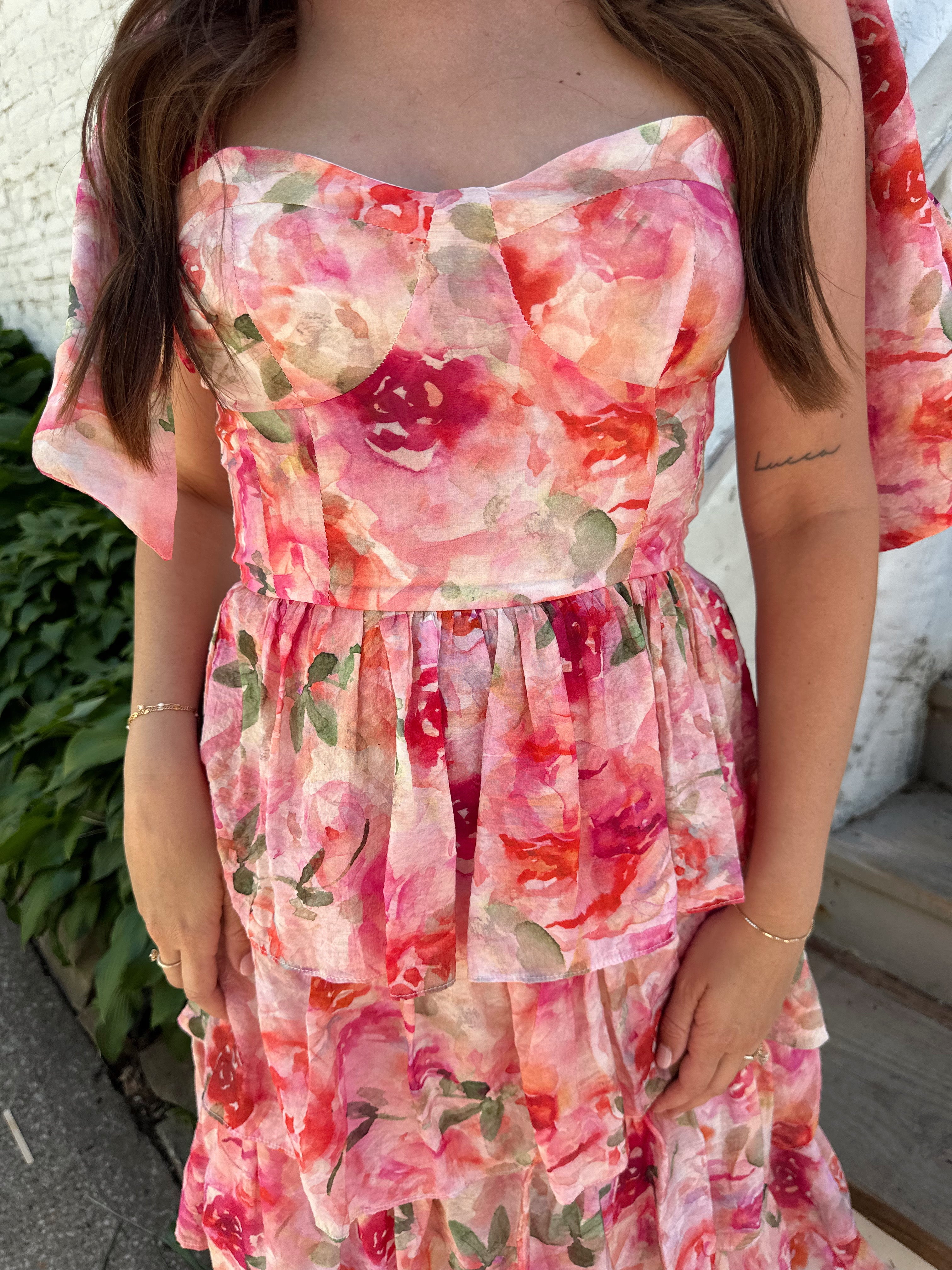 Pink floral tiered midi dress with self tie straps