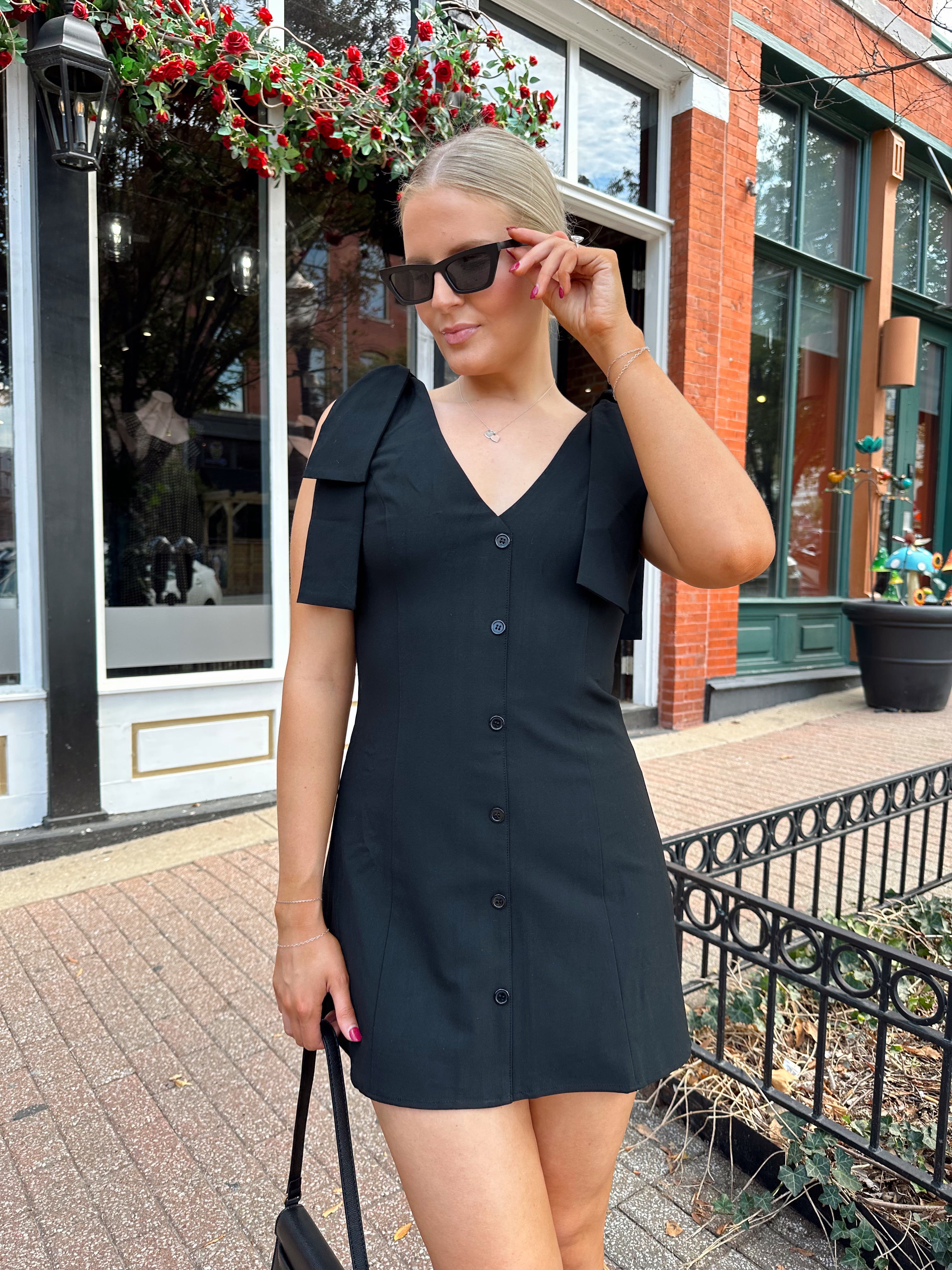 Milan Black Button Down Ribbon Detail Mini Dress