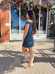 Jett Dark Wash Denim Asymmetrical Shoulder Mini Dress