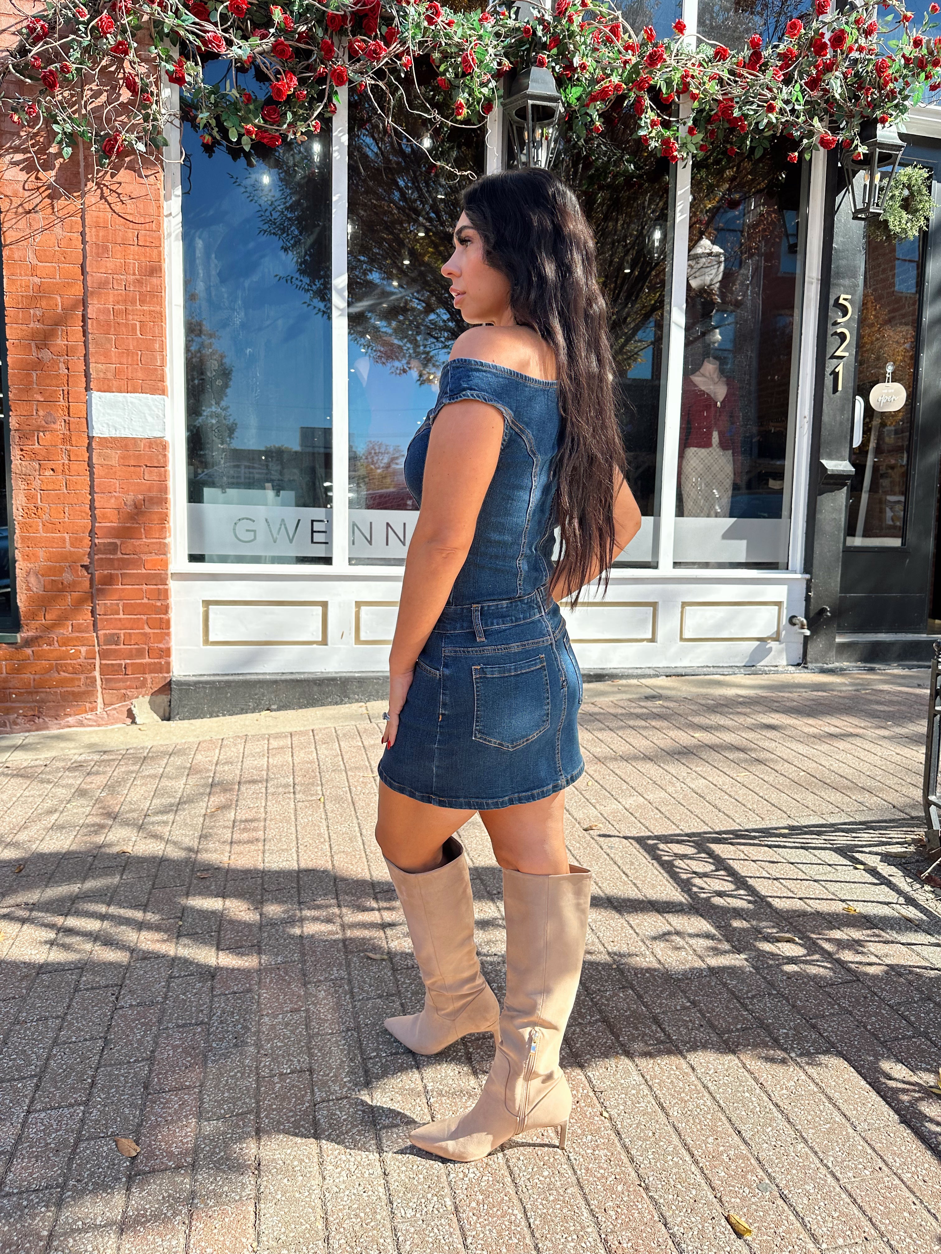 Jett Dark Wash Denim Asymmetrical Shoulder Mini Dress