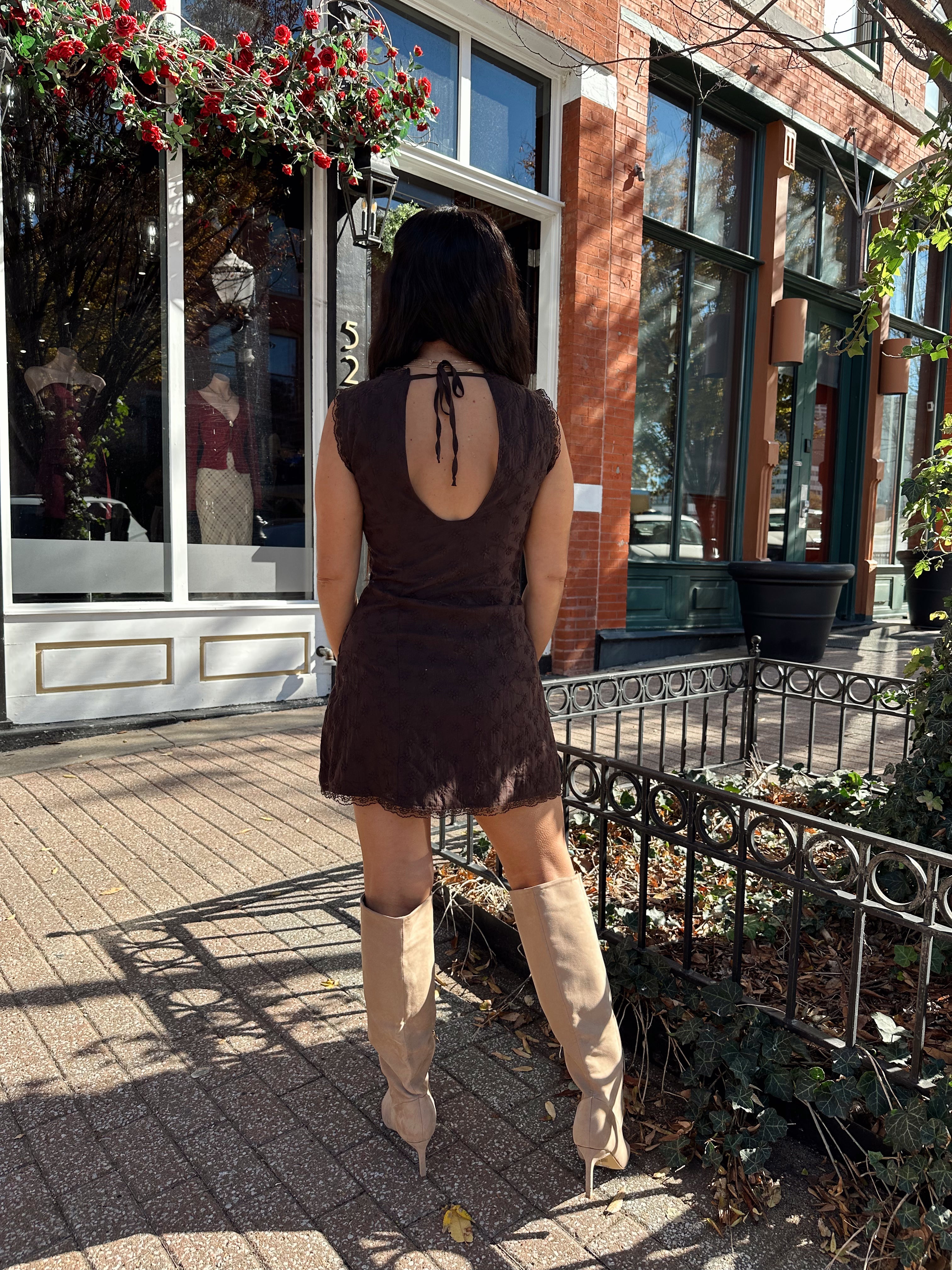 Rhea Brown Eyelet Lace Mini Dress