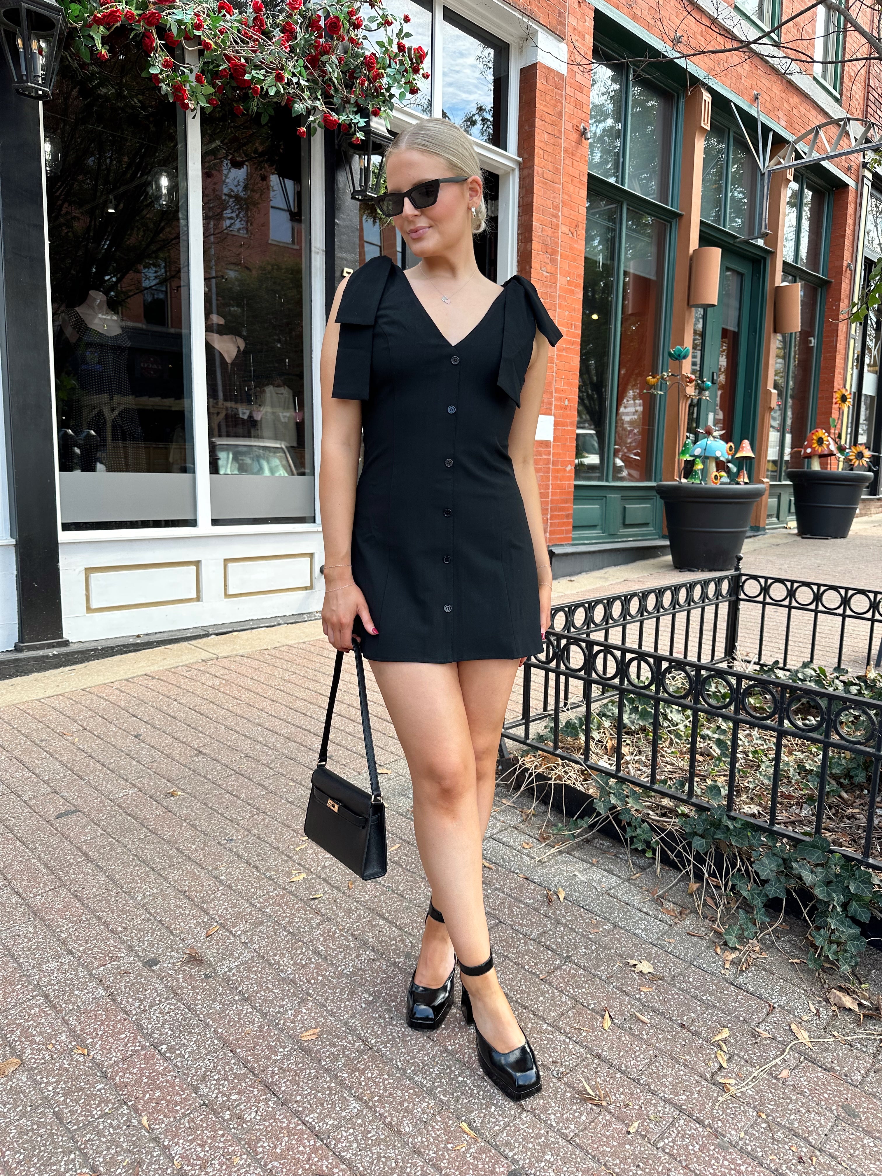 Milan Black Button Down Ribbon Detail Mini Dress