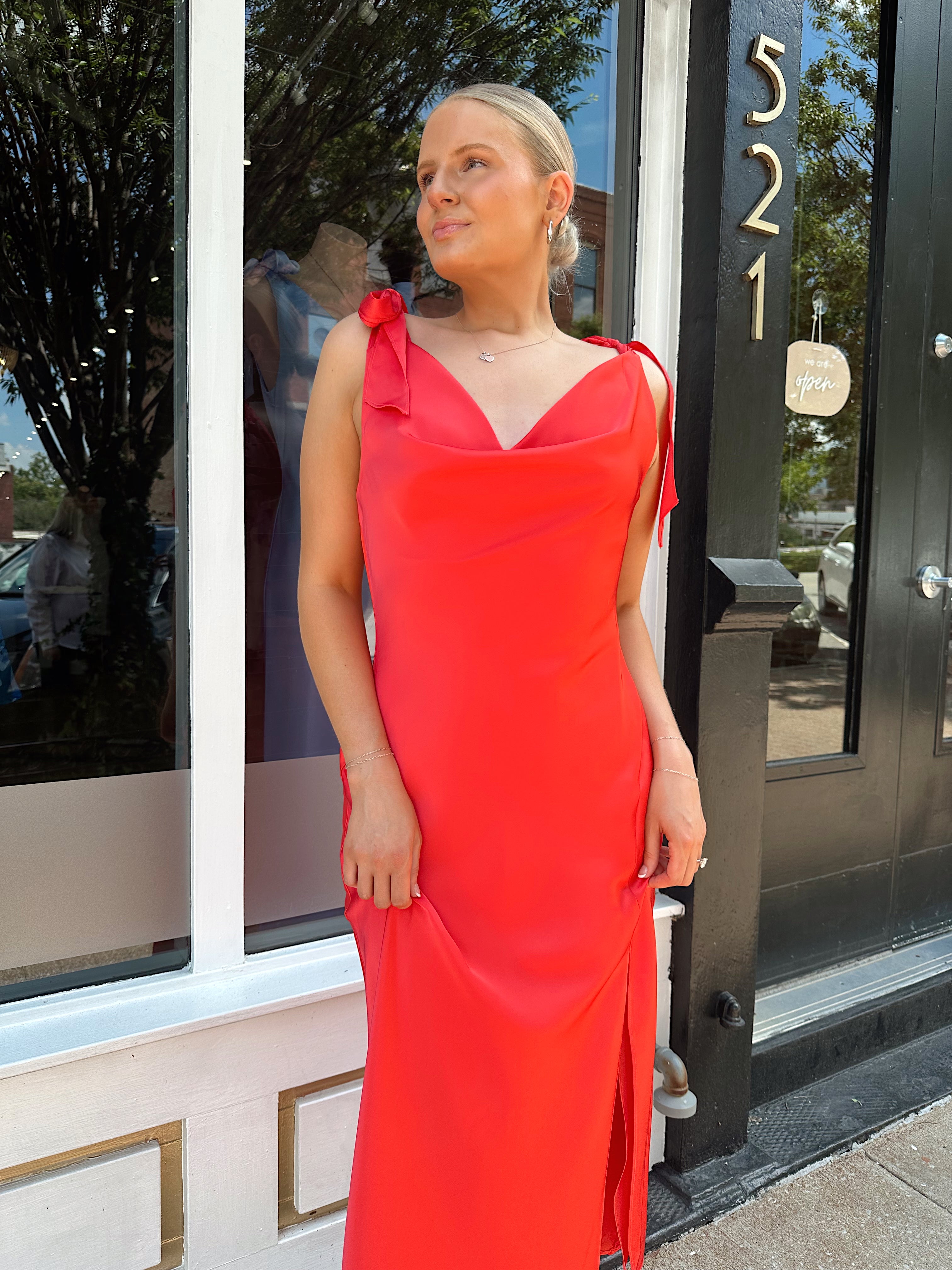 Cara Coral Satin Cowl Neck Midi Dress