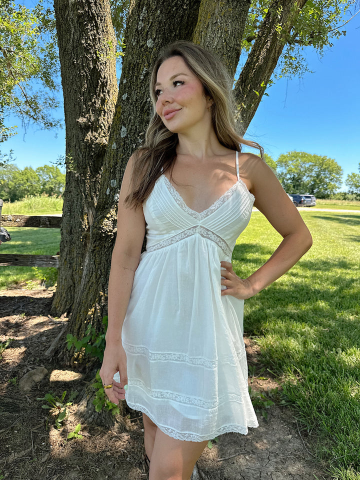 Flora White Lace Trim Mini Dress