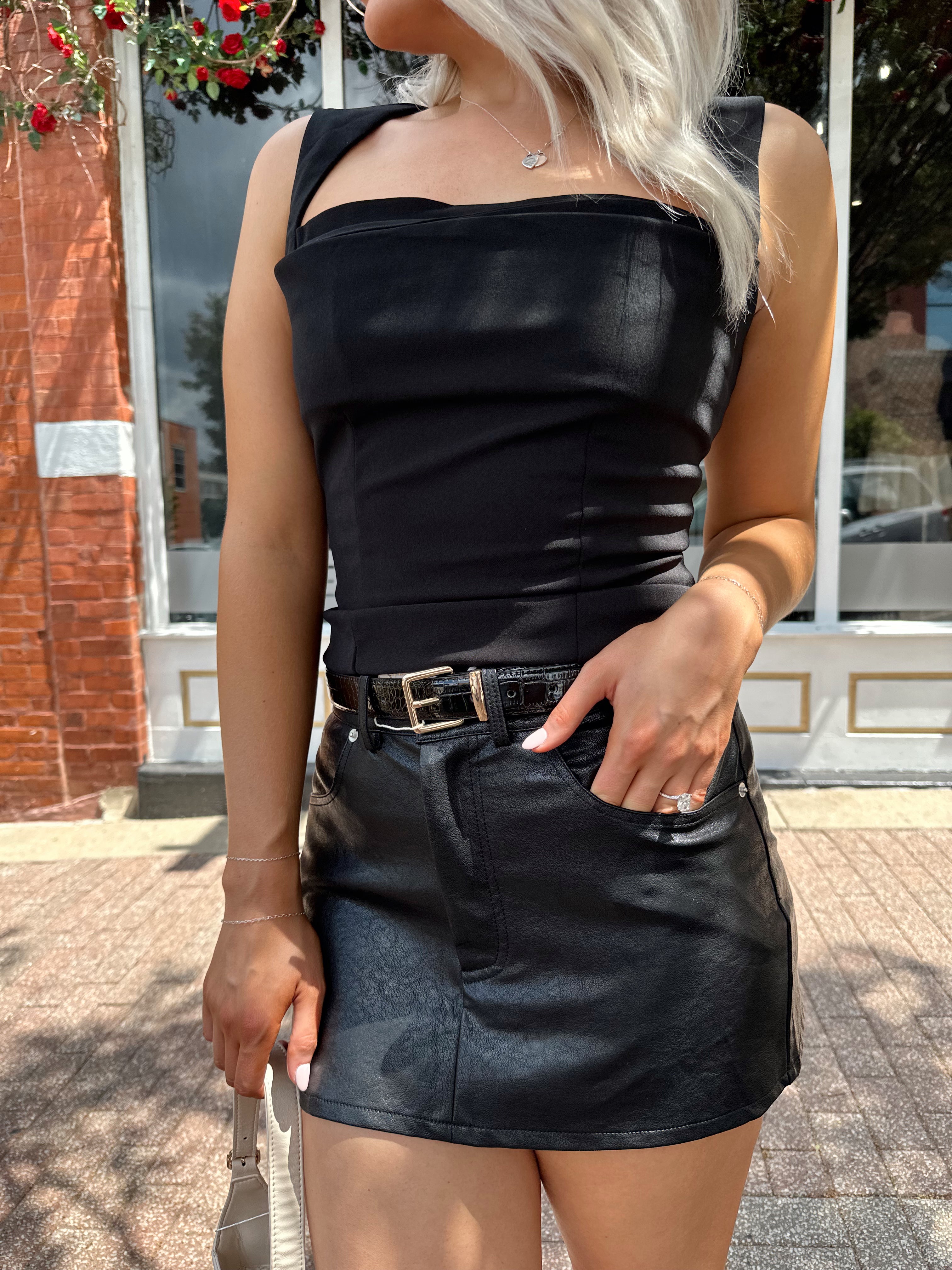 London Black Leather Mini Skirt