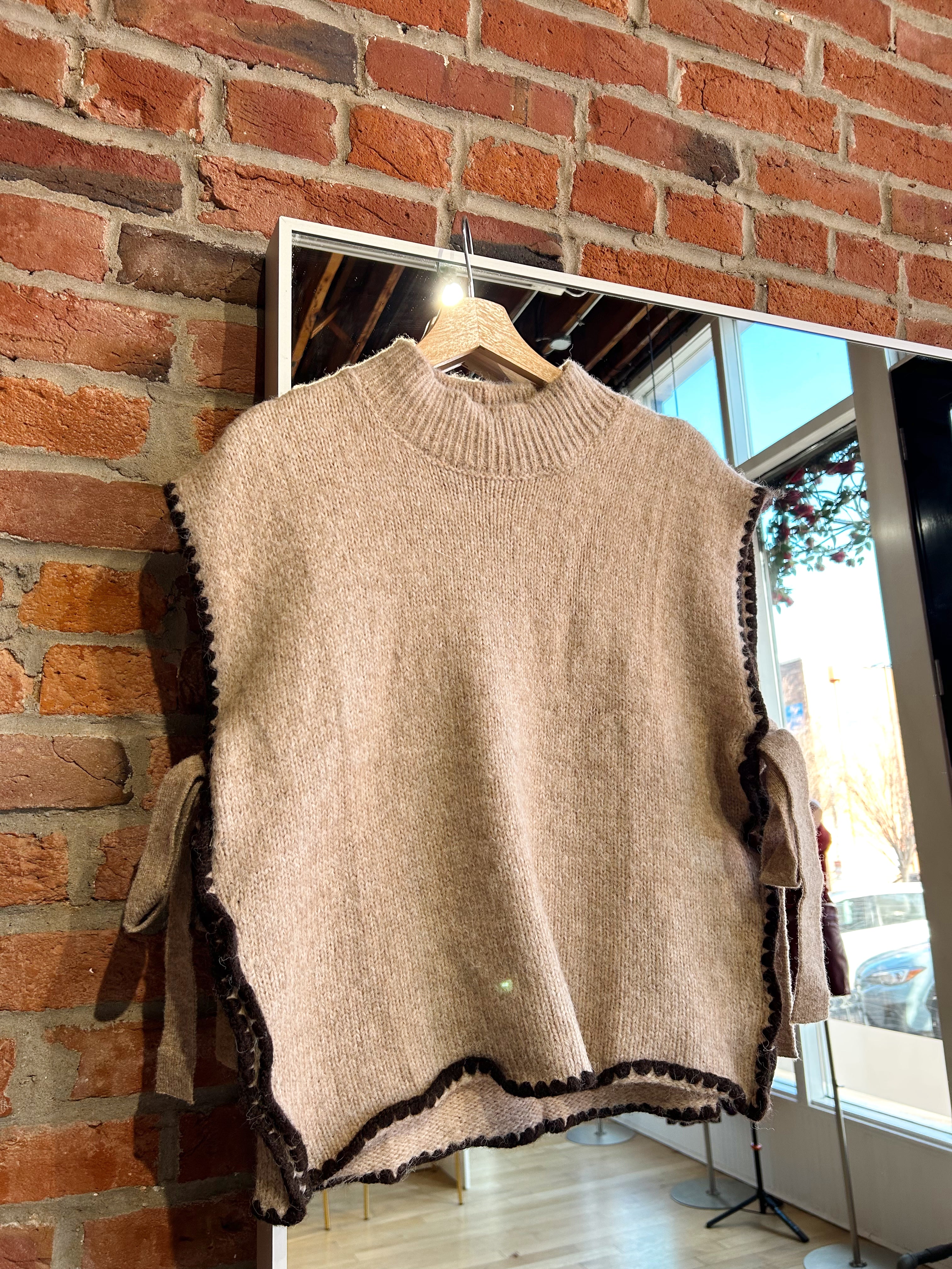 Lilia Taupe Tie Side Mock Neck Sweater Vest