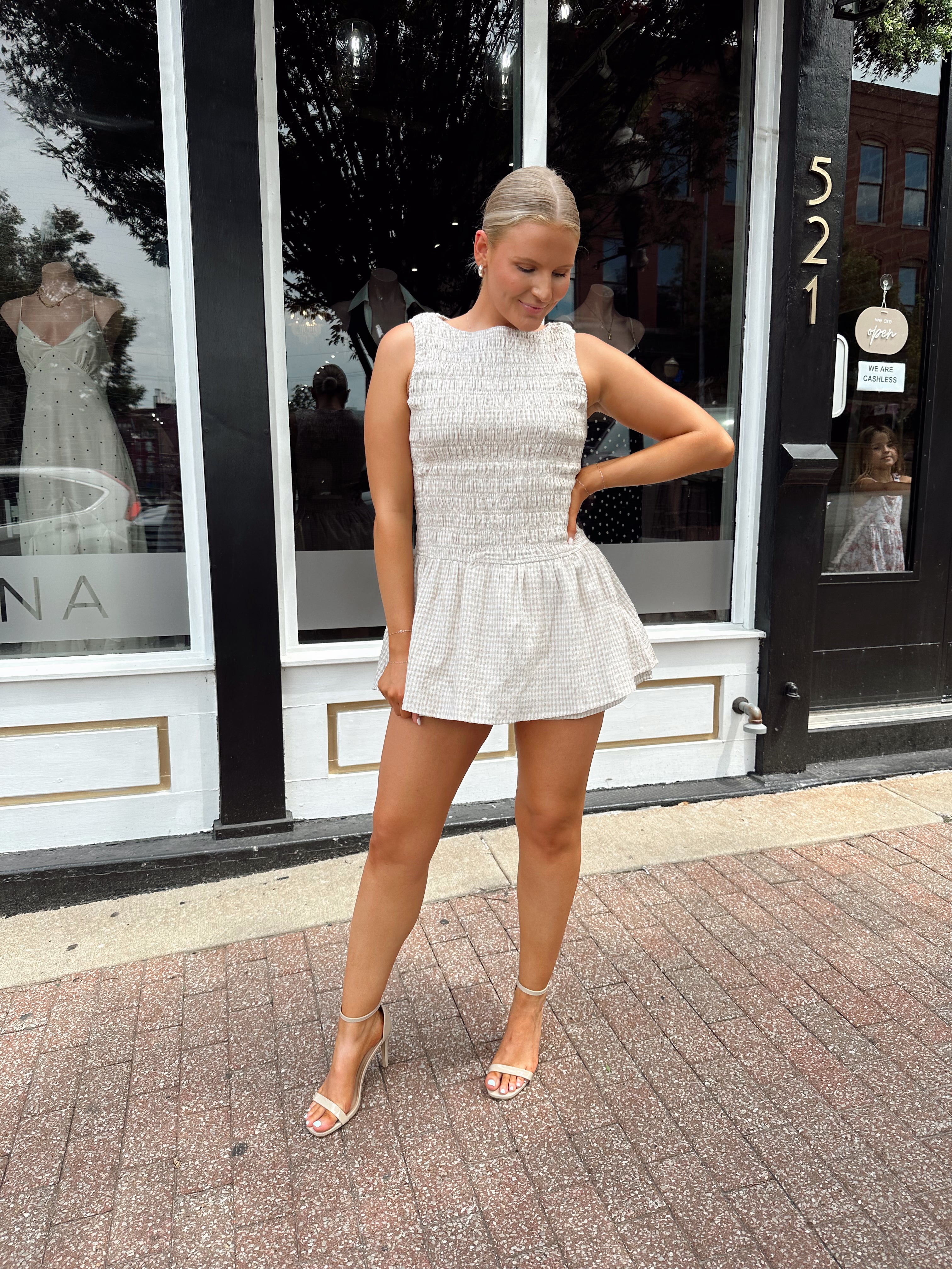 Esme Taupe Gingham Smocked Romper