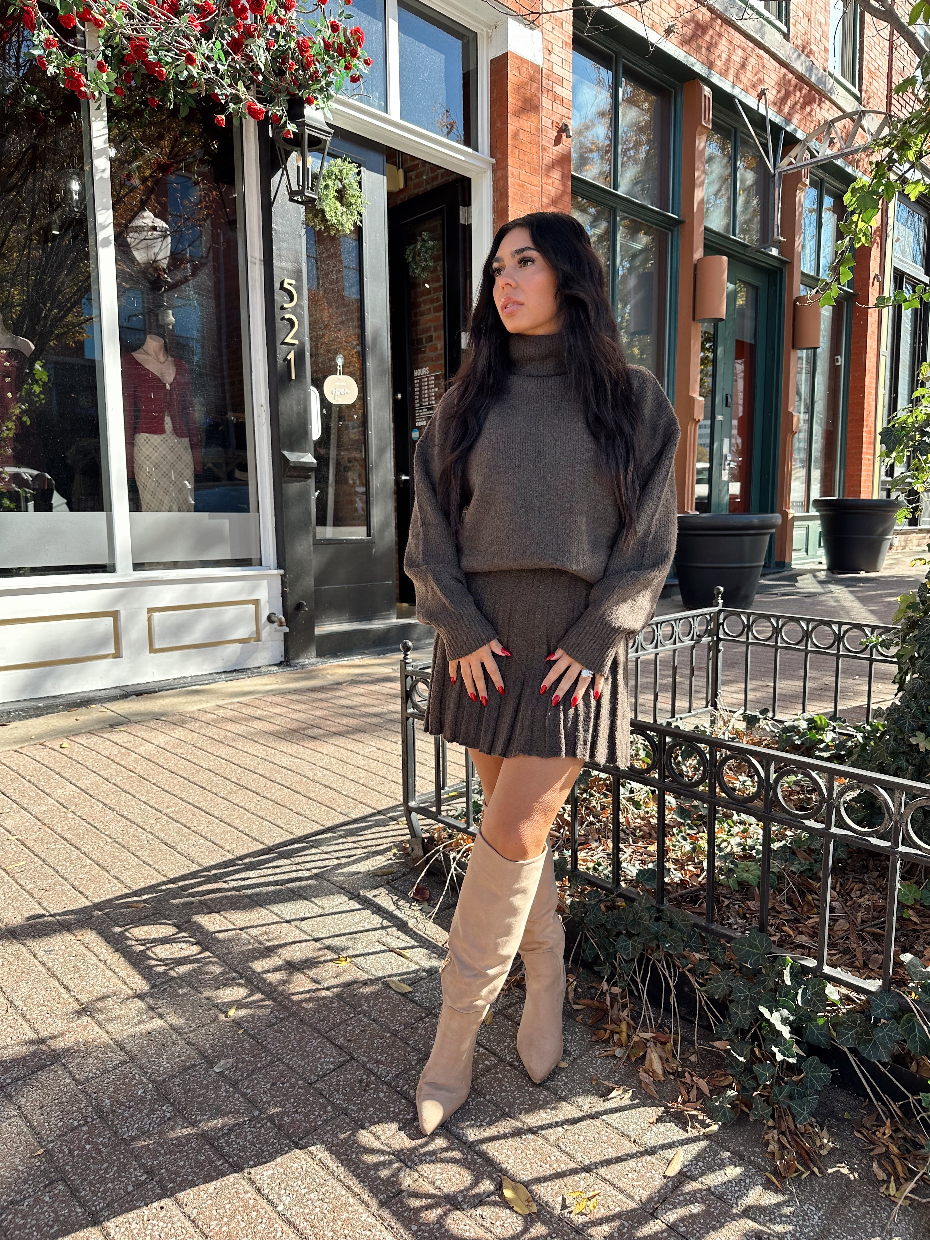 Benson Brown Sweater and Pleated Mini Skirt Set