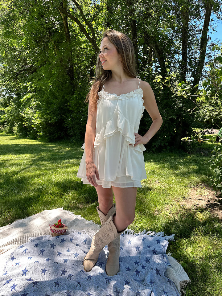 Camille Ivory Ruffle Tie Strap Romper