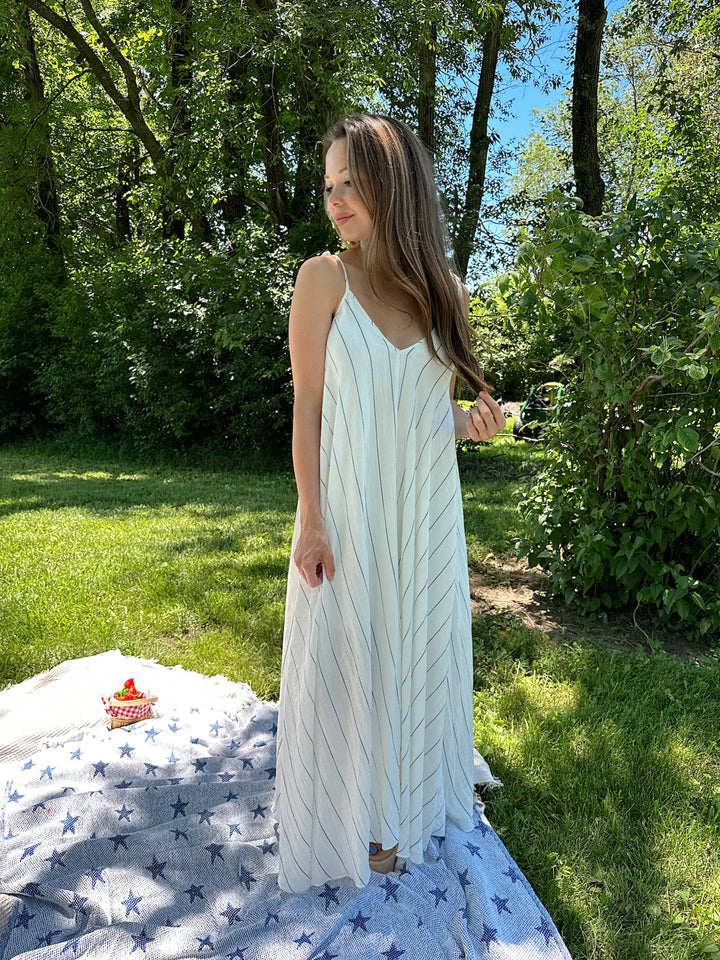 Frankie White and Blue Stripe Tie Maxi Dress