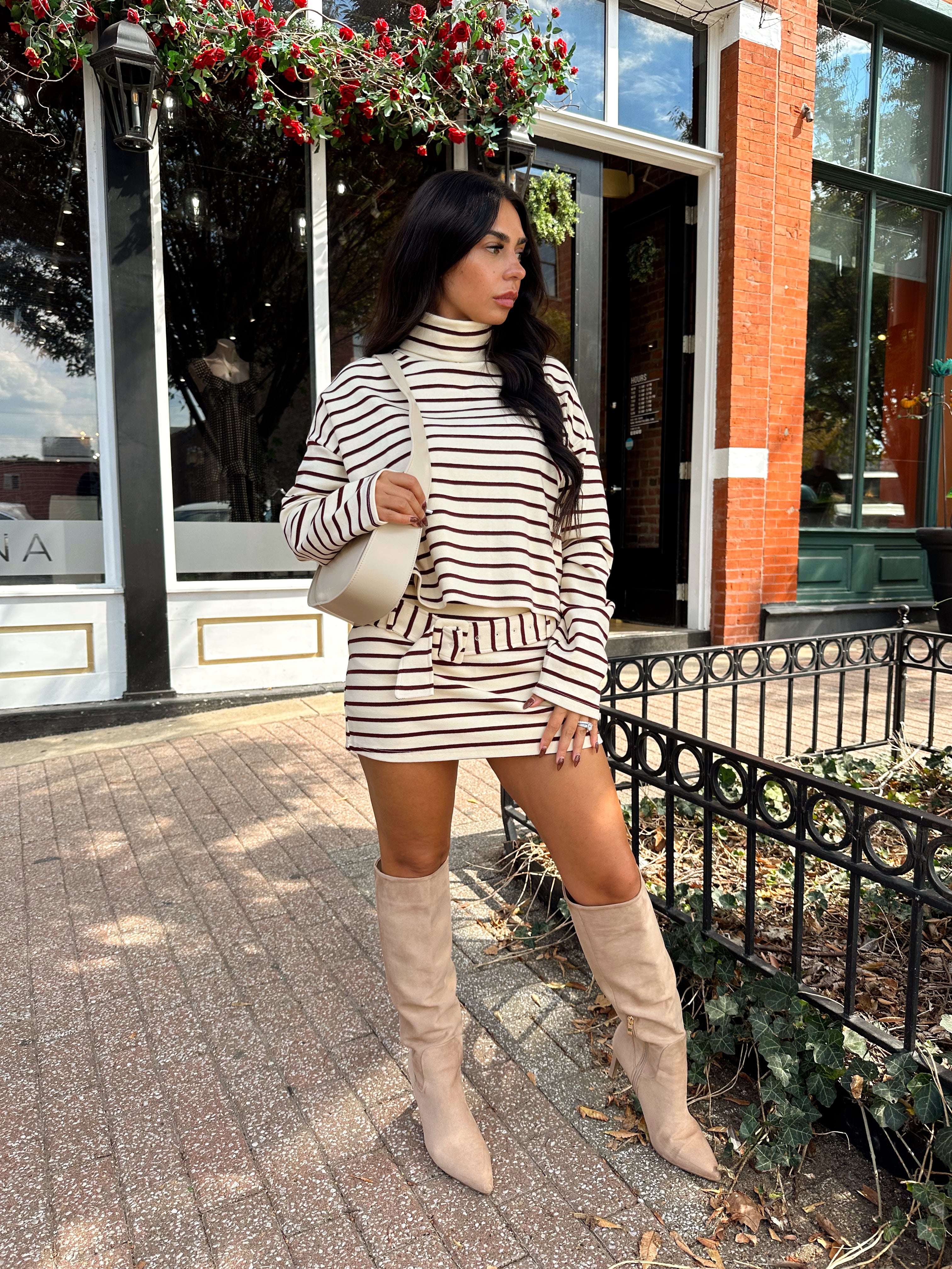 Annabelle Cream and Maroon Striped Two-Piece Skort Set