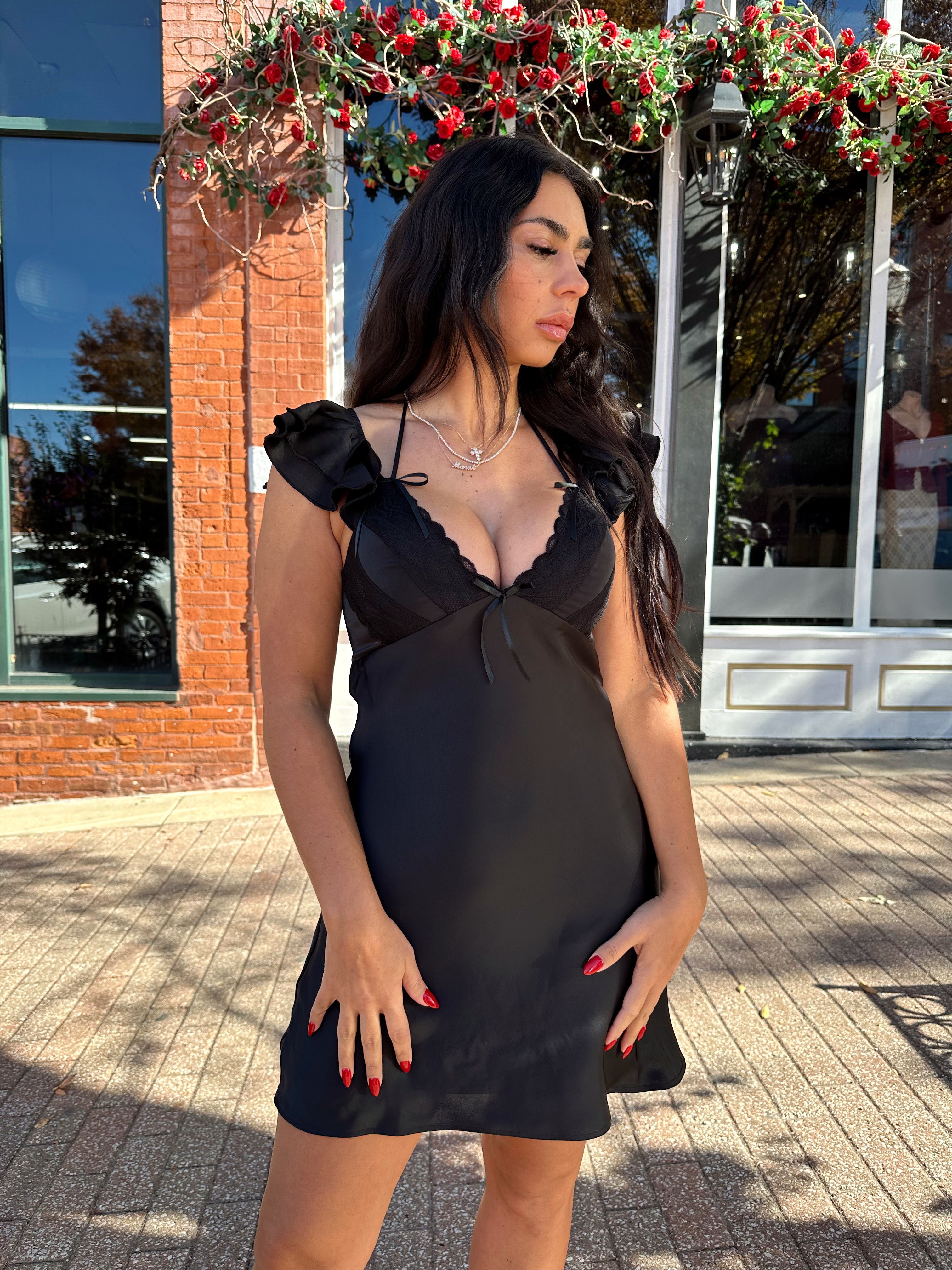 Asa Black Short Sleeve Bow Detail Satin Mini Dress