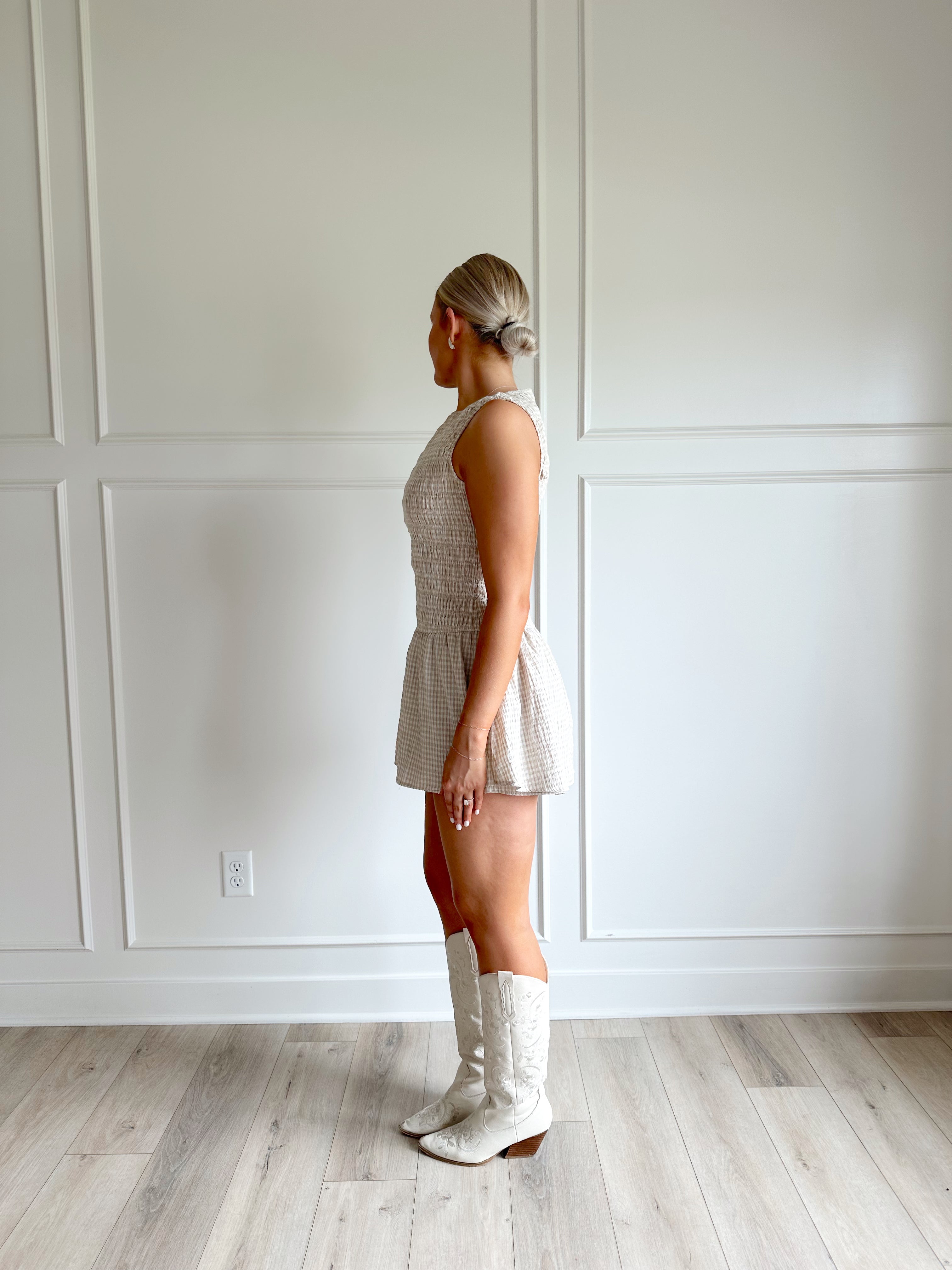 Esme Taupe Gingham Smocked Romper