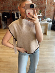 Lilia Taupe Tie Side Mock Neck Sweater Vest