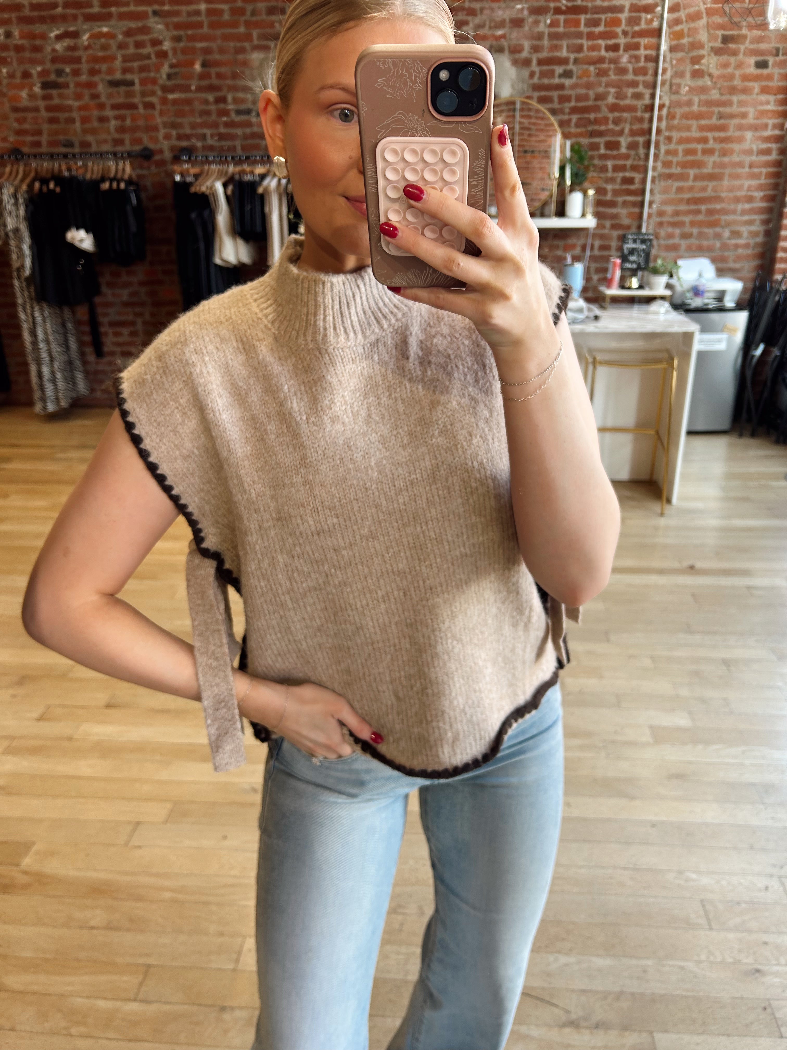 Lilia Taupe Tie Side Mock Neck Sweater Vest