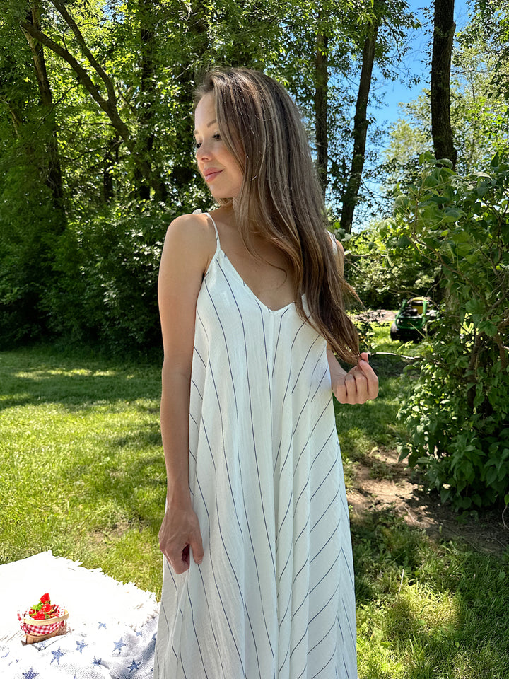 Frankie White and Blue Stripe Tie Maxi Dress
