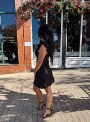 Asa Black Short Sleeve Bow Detail Satin Mini Dress