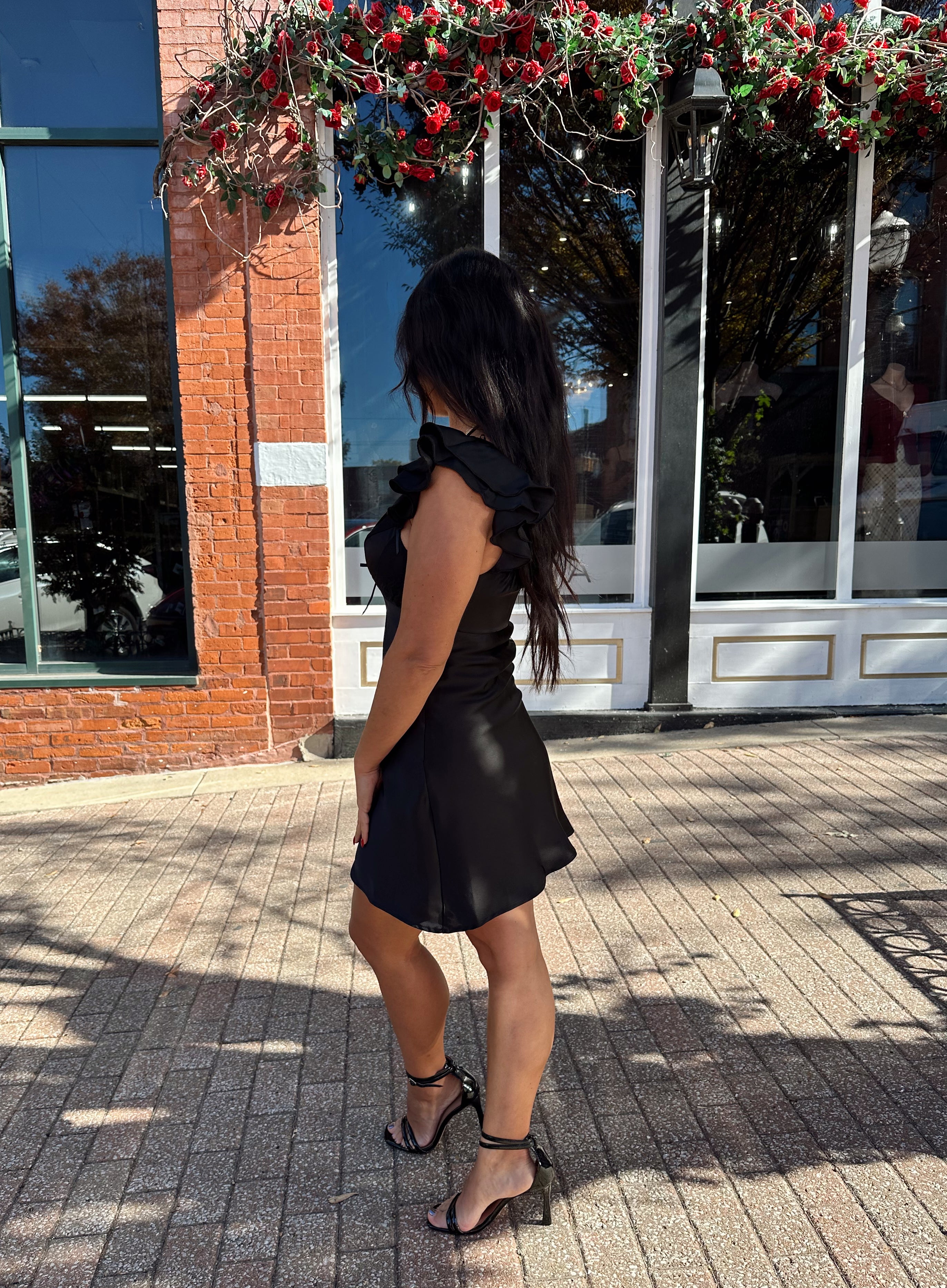 Asa Black Short Sleeve Bow Detail Satin Mini Dress