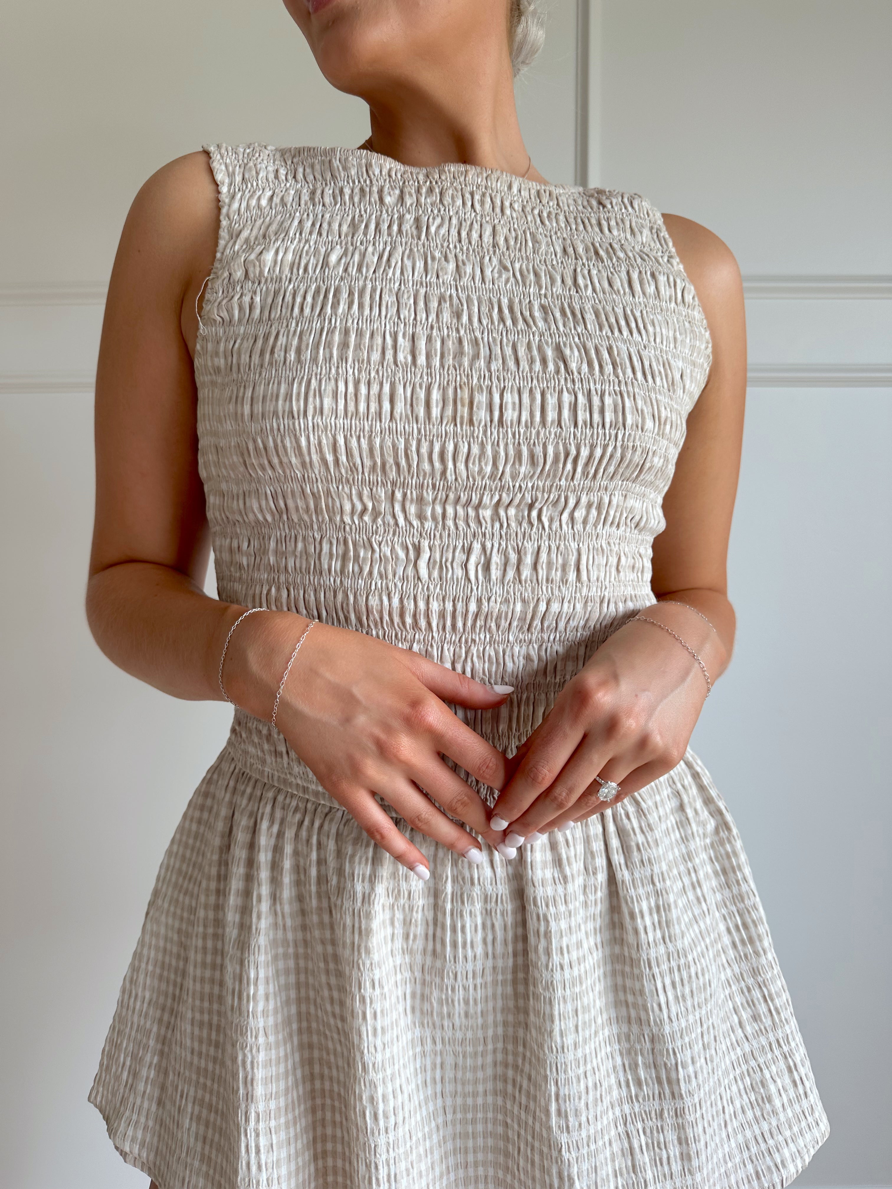Esme Taupe Gingham Smocked Romper