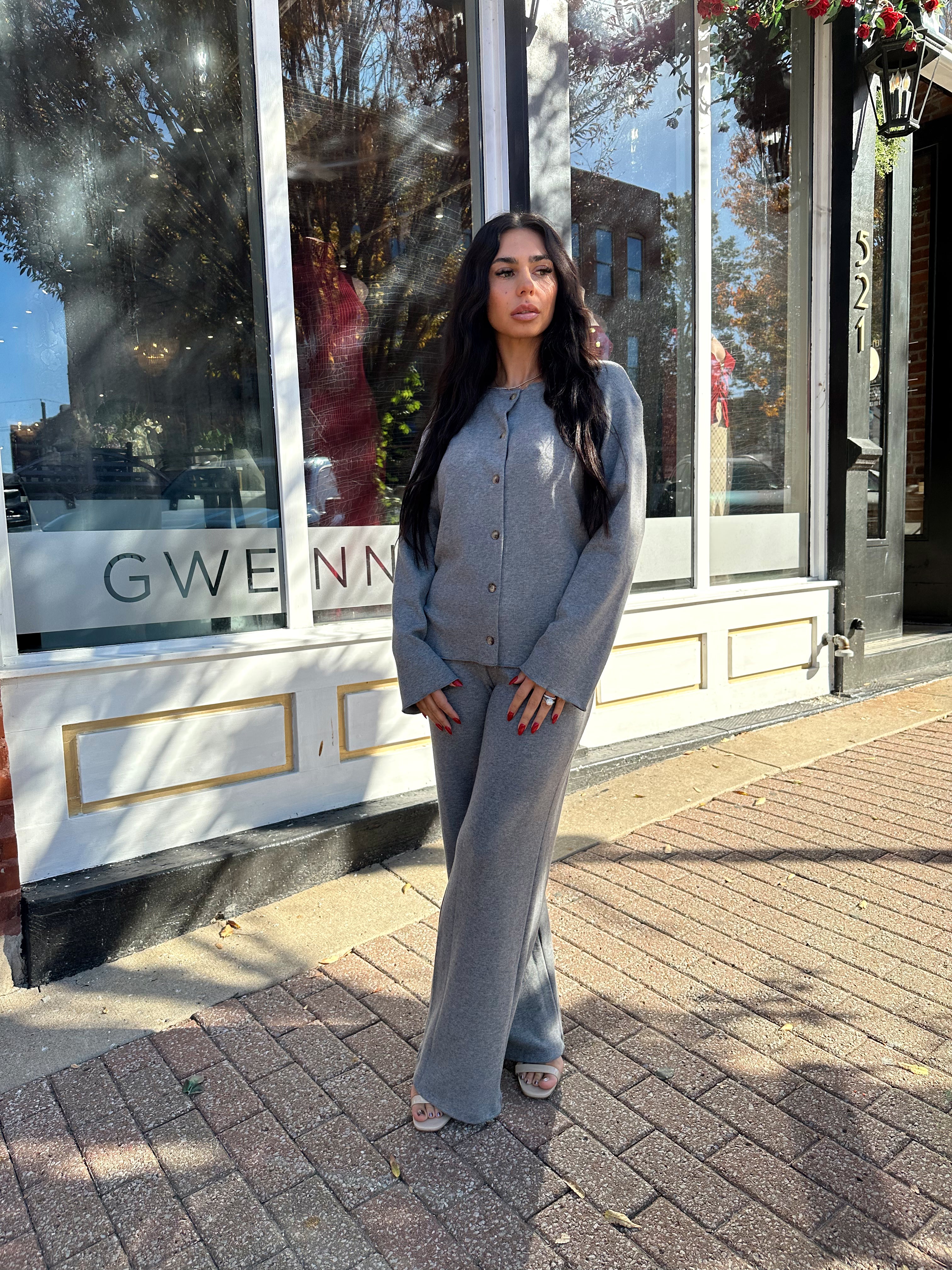 Kaycee Grey Cardigan and Wide Leg Pant Two-Piece Set