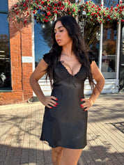 Asa Black Short Sleeve Bow Detail Satin Mini Dress