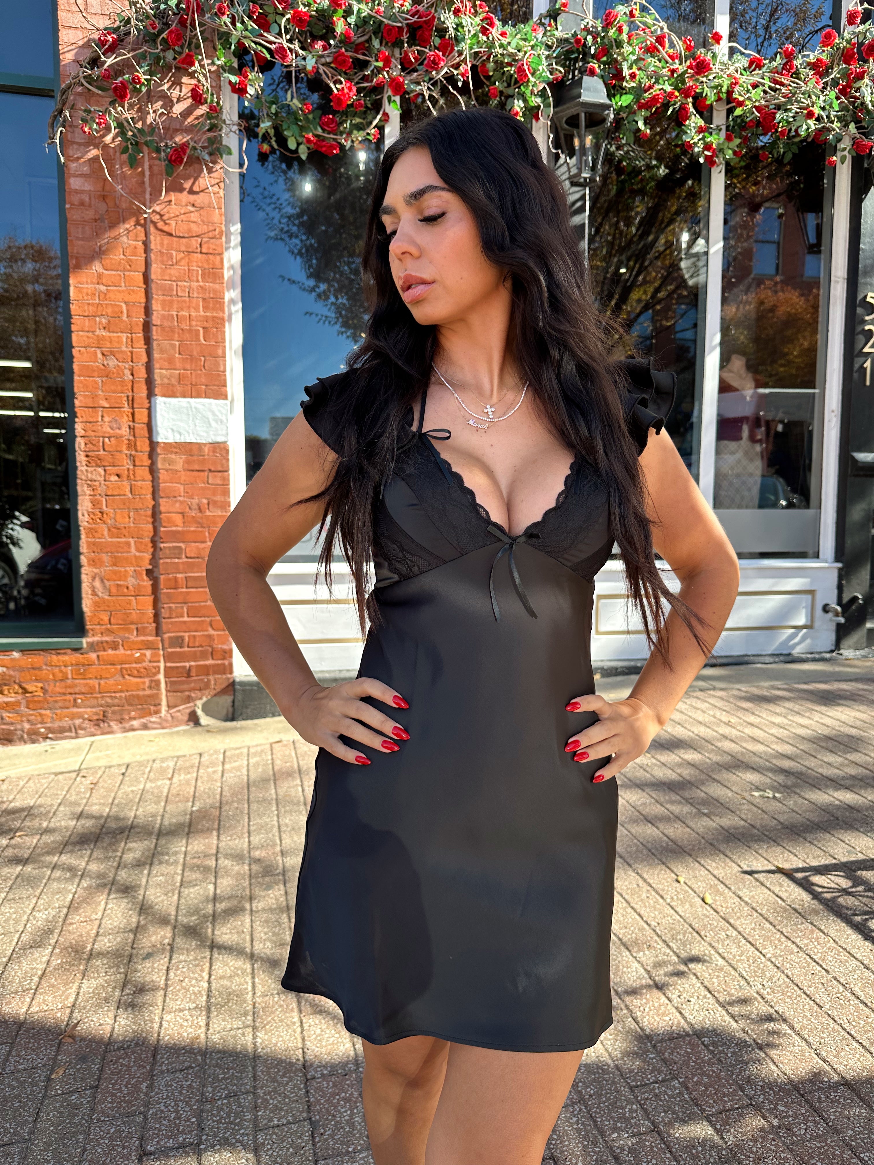 Asa Black Short Sleeve Bow Detail Satin Mini Dress