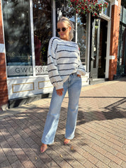 Monroe White and Navy Striped Crew Sweater