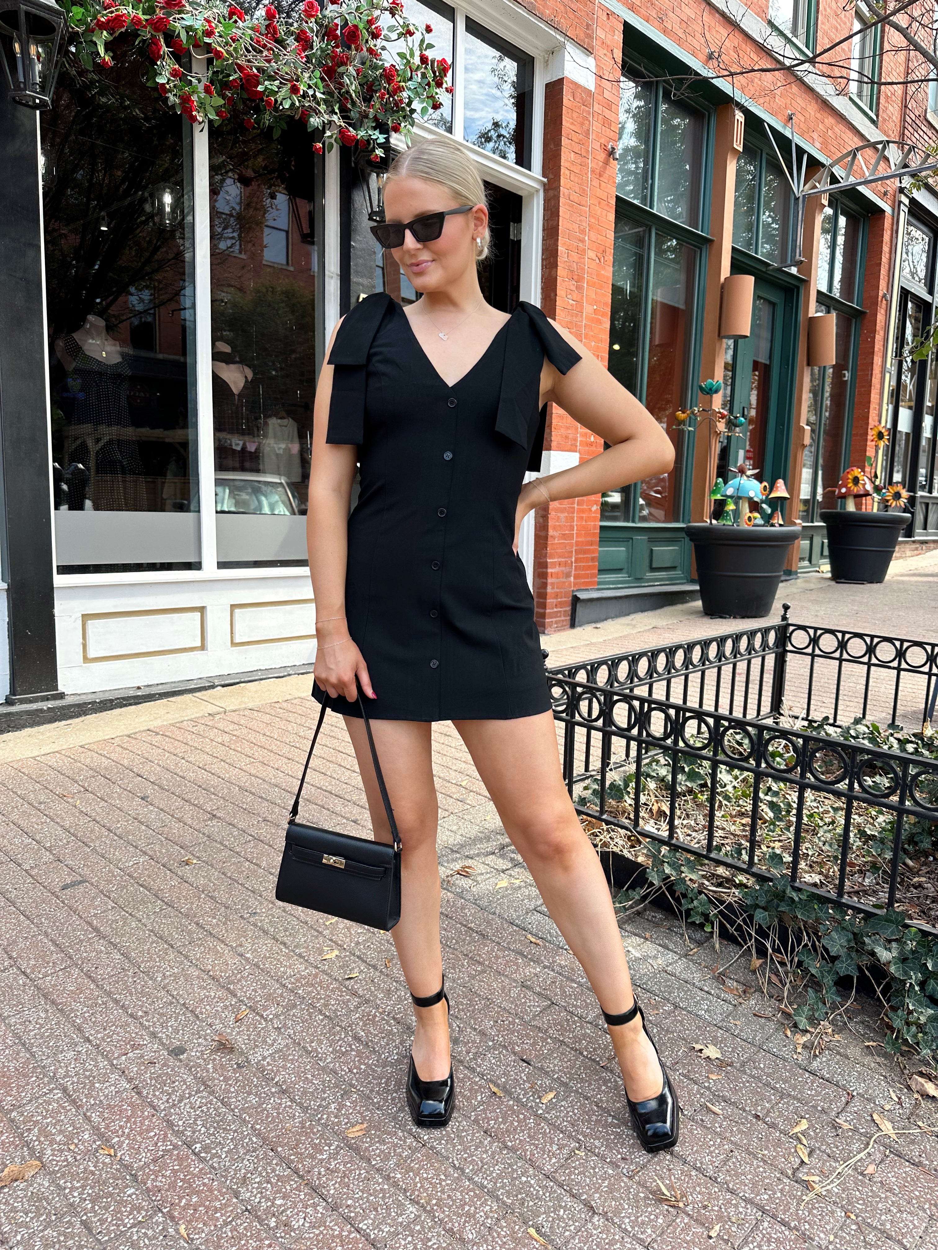 Milan Black Button Down Ribbon Detail Mini Dress