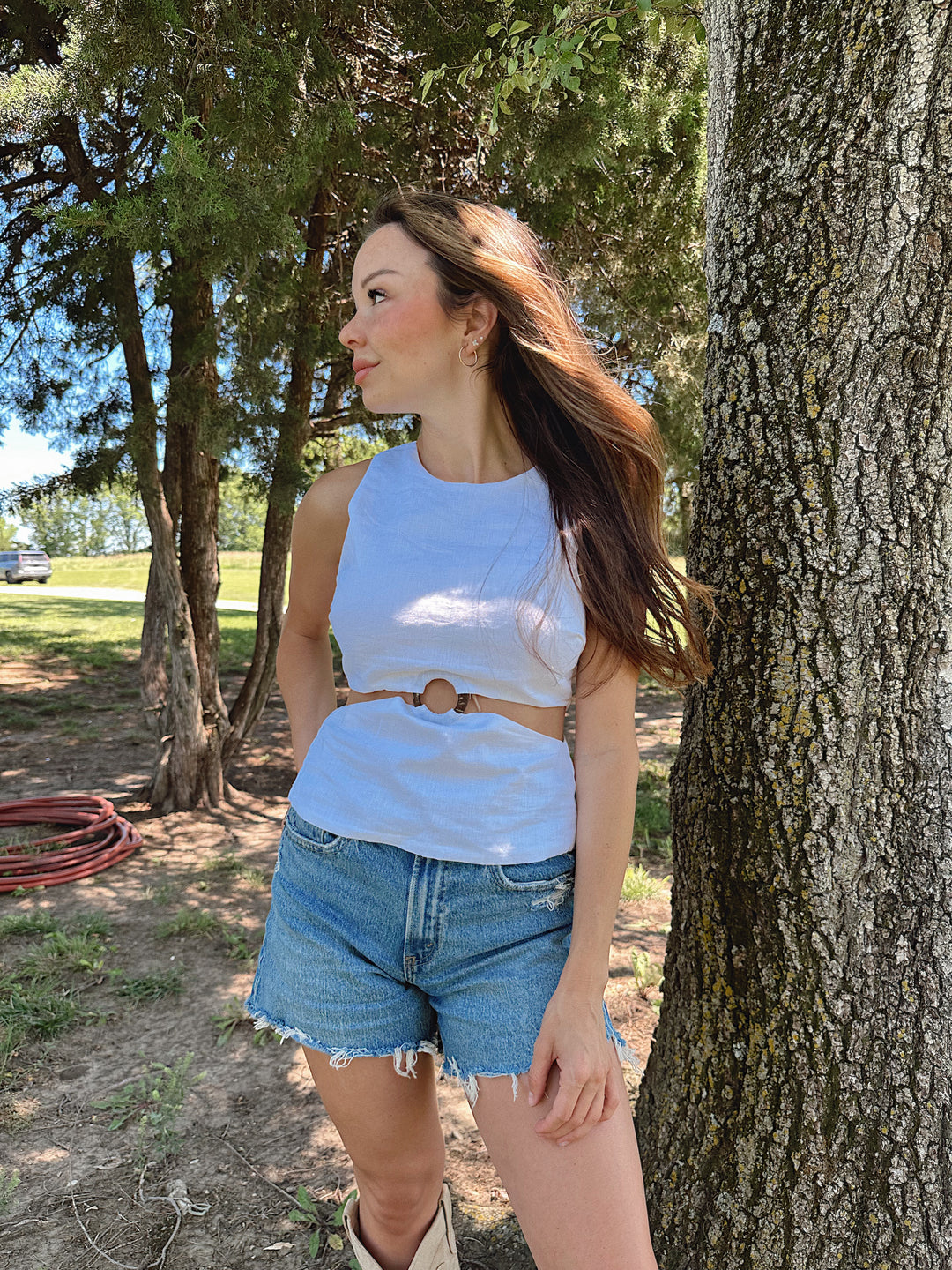 Kourt White Linen Cutout Top