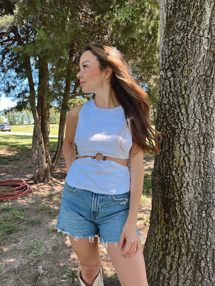 Kourt White Linen Cutout Top