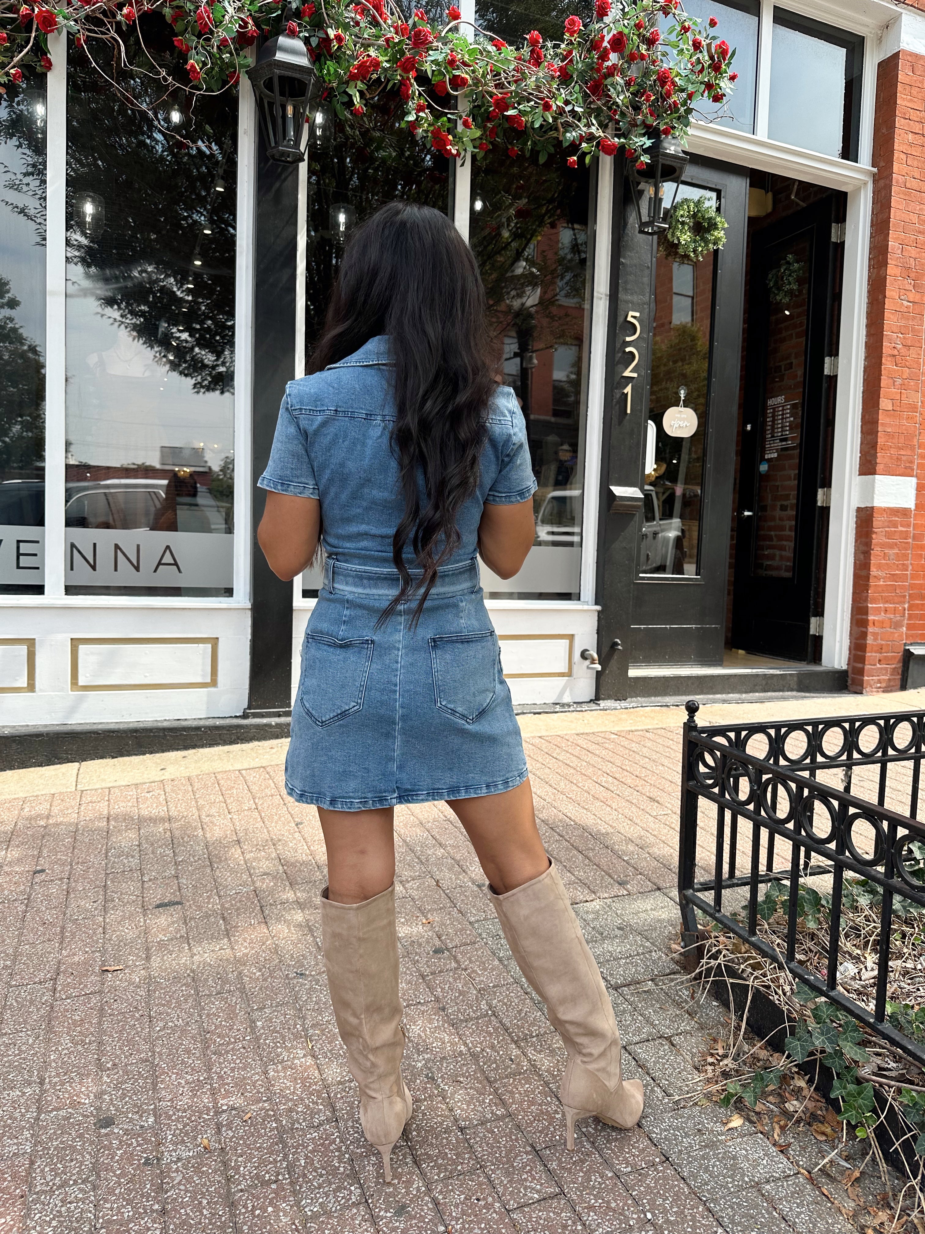 Chelsea Light Wash Denim Belted Mini Dress