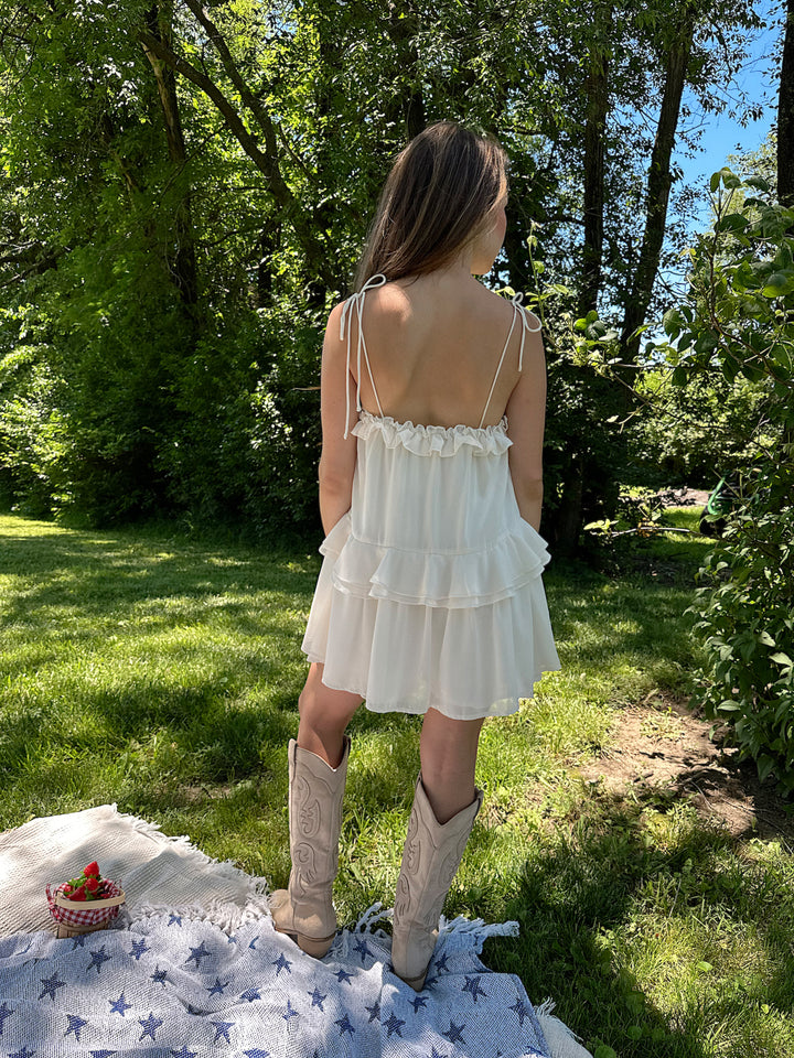 Camille Ivory Ruffle Tie Strap Romper